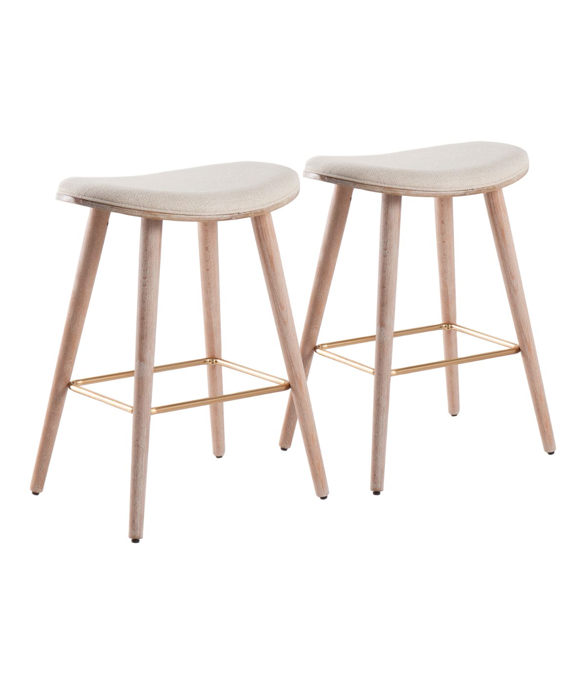 Saddle Counter Stool - Set of 2 White Washed, Gold & Cream