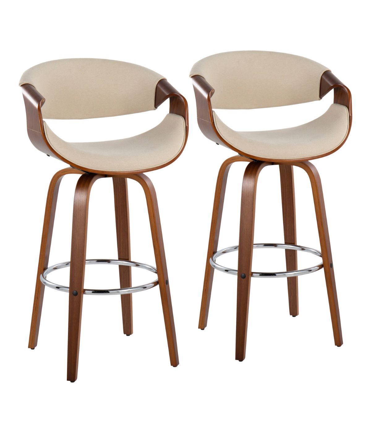 Curvini 30'' Fixed Height Barstool - Set of 2 Walnut, Cream & Chrome