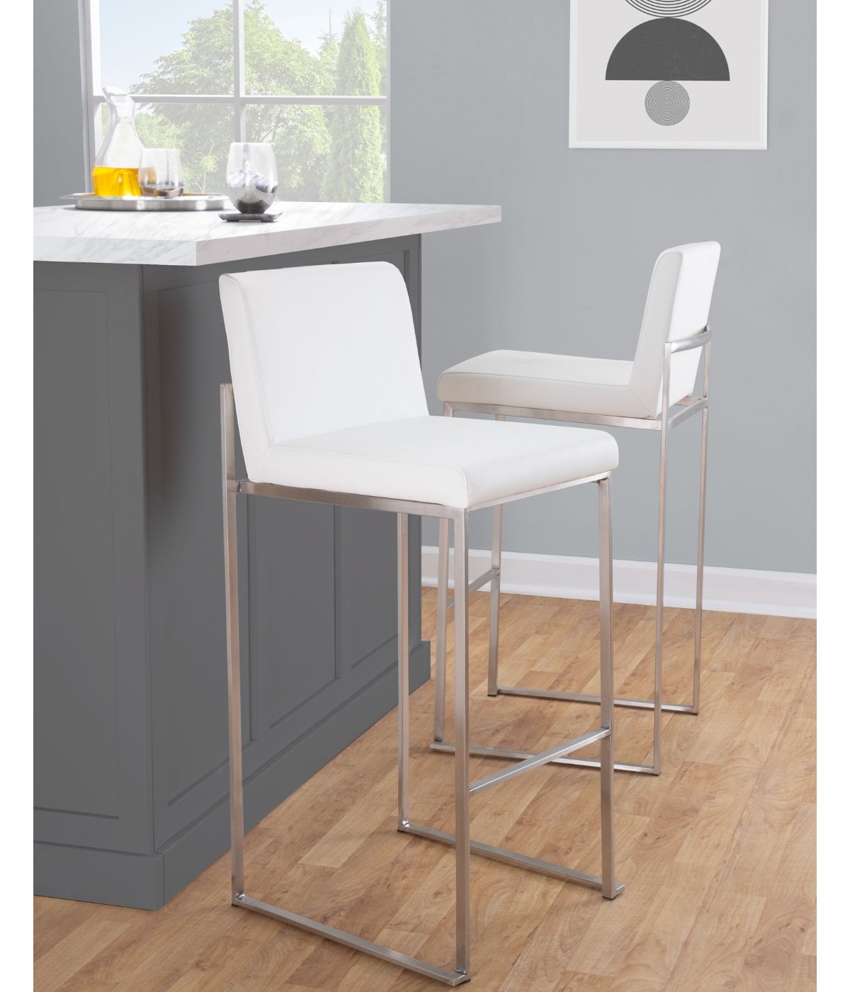  LumiSource Fuji High Back Barstool - Set of 2 Silver & White - Silver & White - Bonton