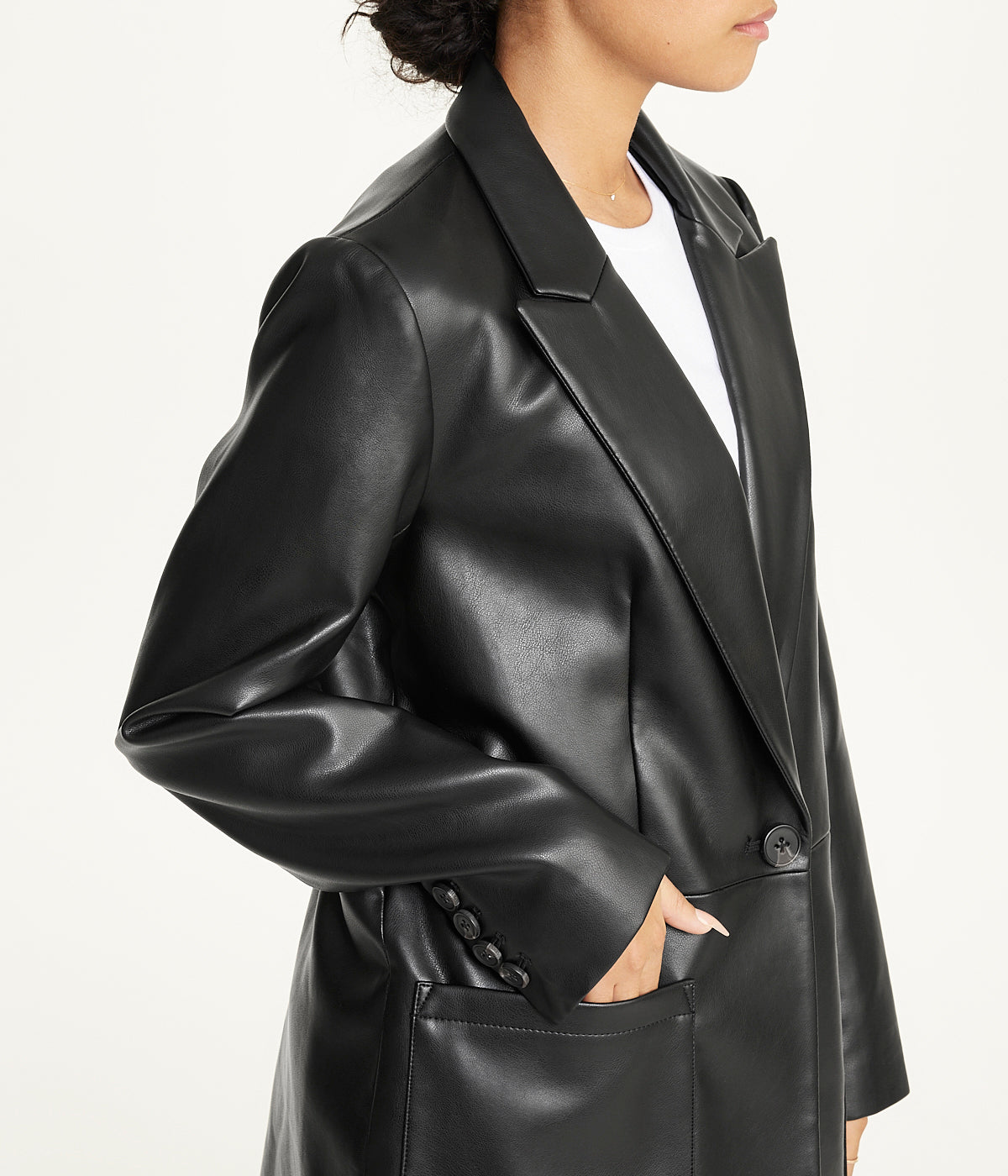  BCBG Notch Collar Oversized PU Blazer Black - Black - Bonton