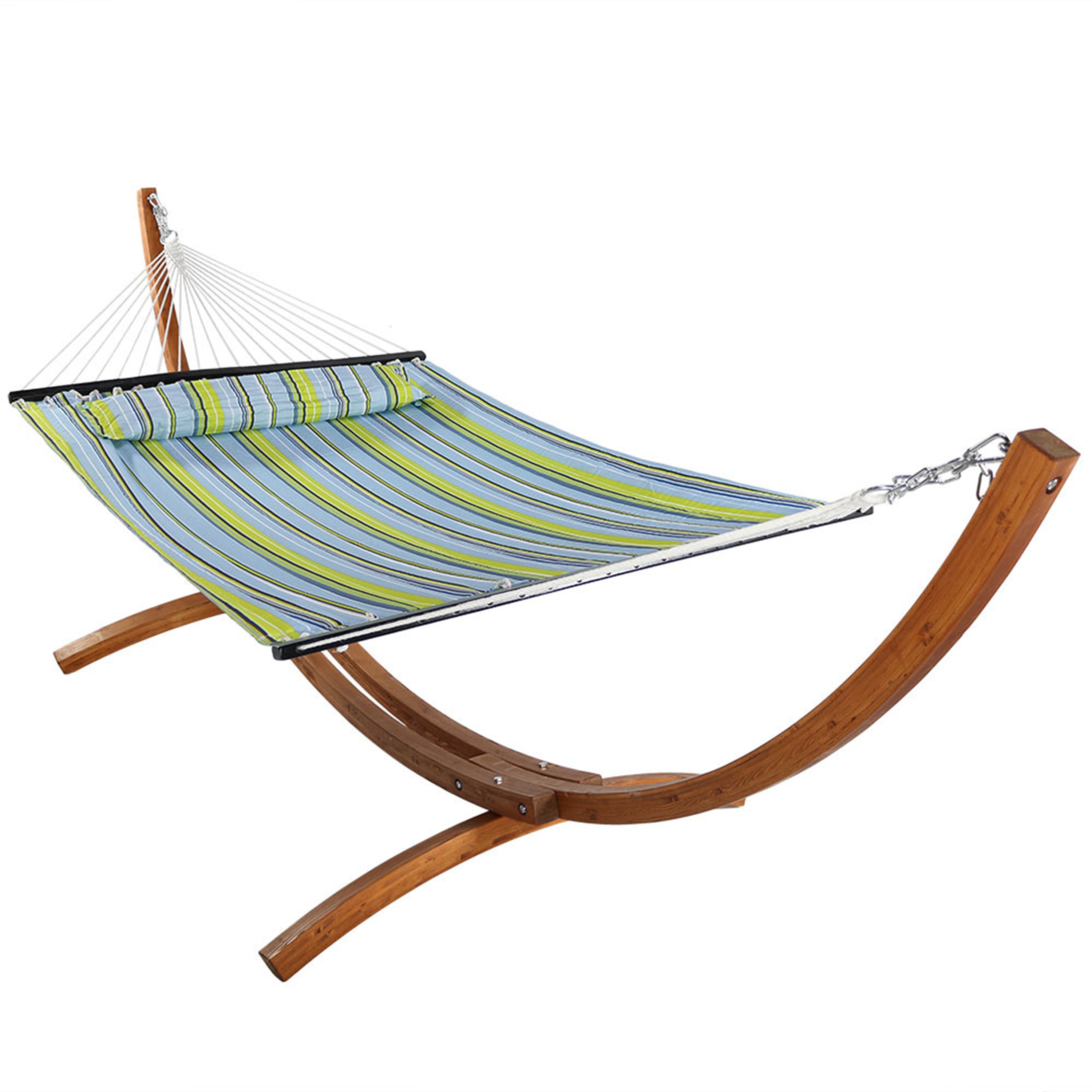  Sunnydaze Decor Quilted Double Fabric 2-Person Hammock with Curved Arc Wood Stand - 400 lb Weight Capacity/12' Stand - Blue & Green Stripe - Bonton