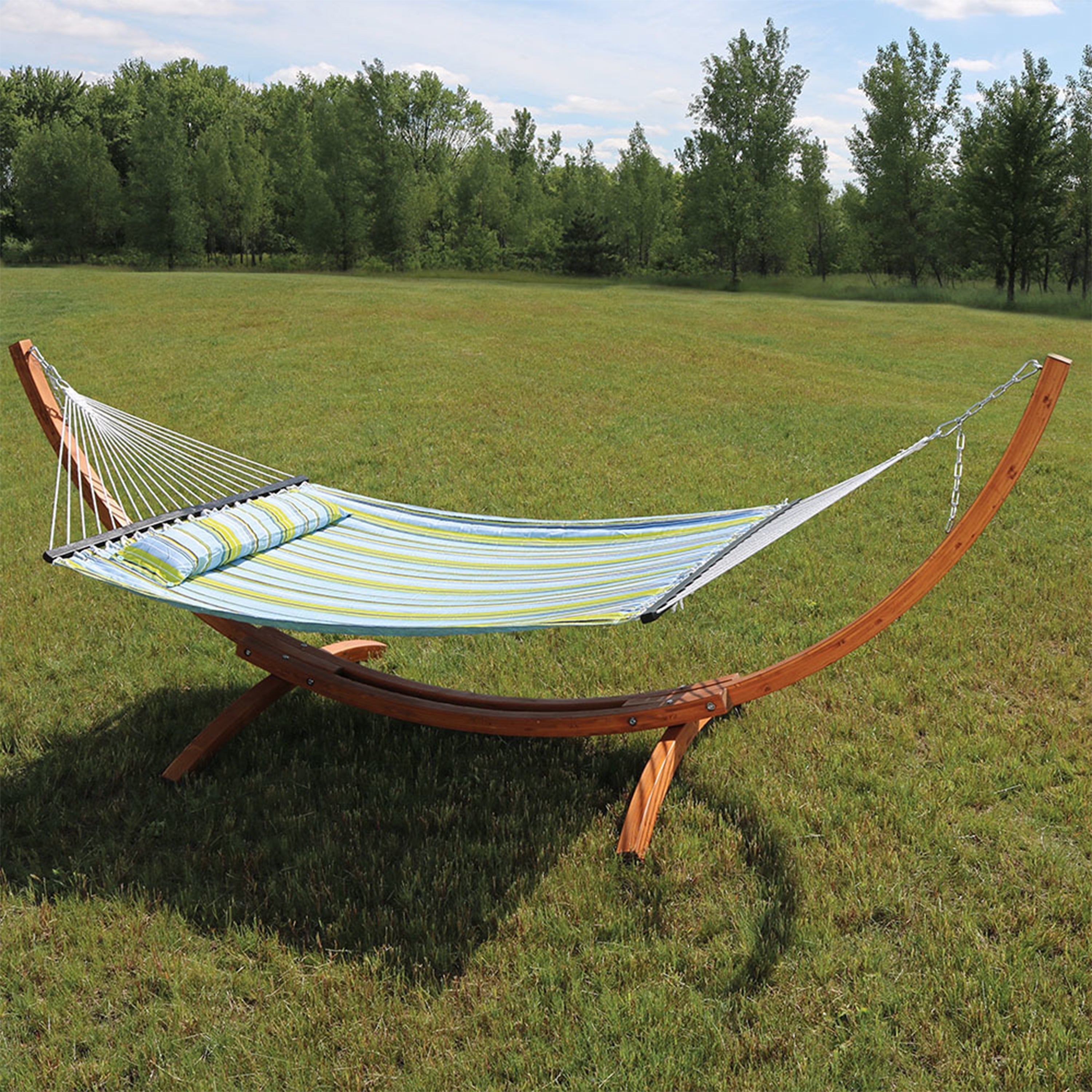  Sunnydaze Decor Quilted Double Fabric 2-Person Hammock with Curved Arc Wood Stand - 400 lb Weight Capacity/12' Stand - Blue & Green Stripe - Bonton