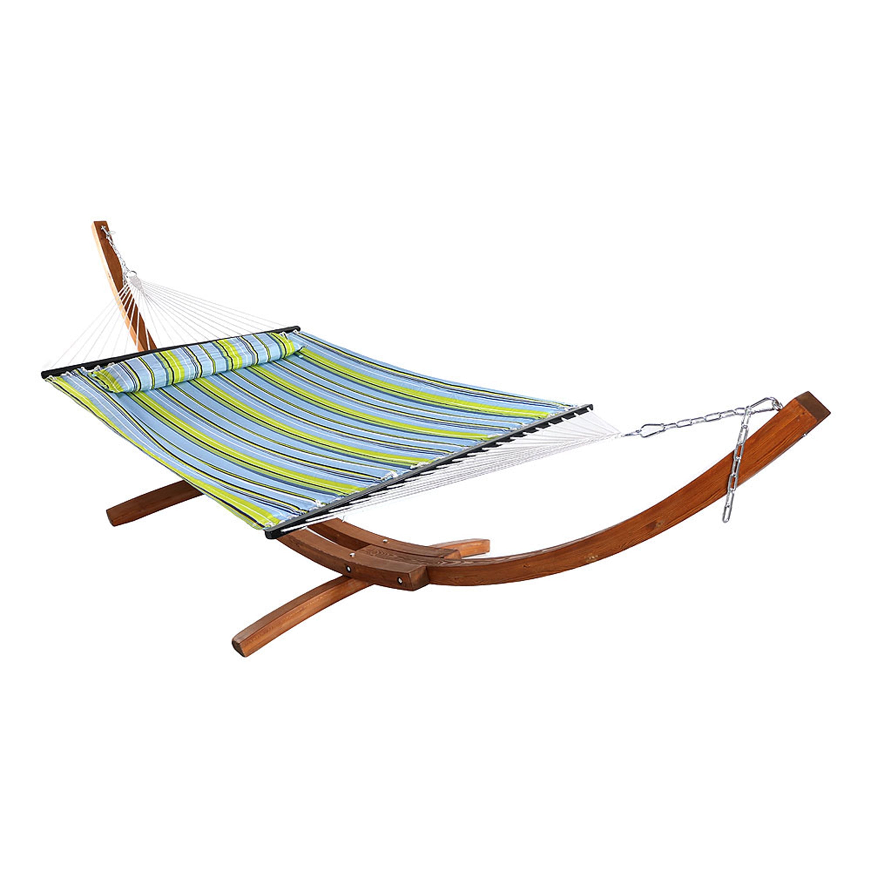  Sunnydaze Decor Quilted Double Fabric 2-Person Hammock with Curved Arc Wood Stand - 400 lb Weight Capacity/12' Stand - Blue & Green Stripe - Bonton