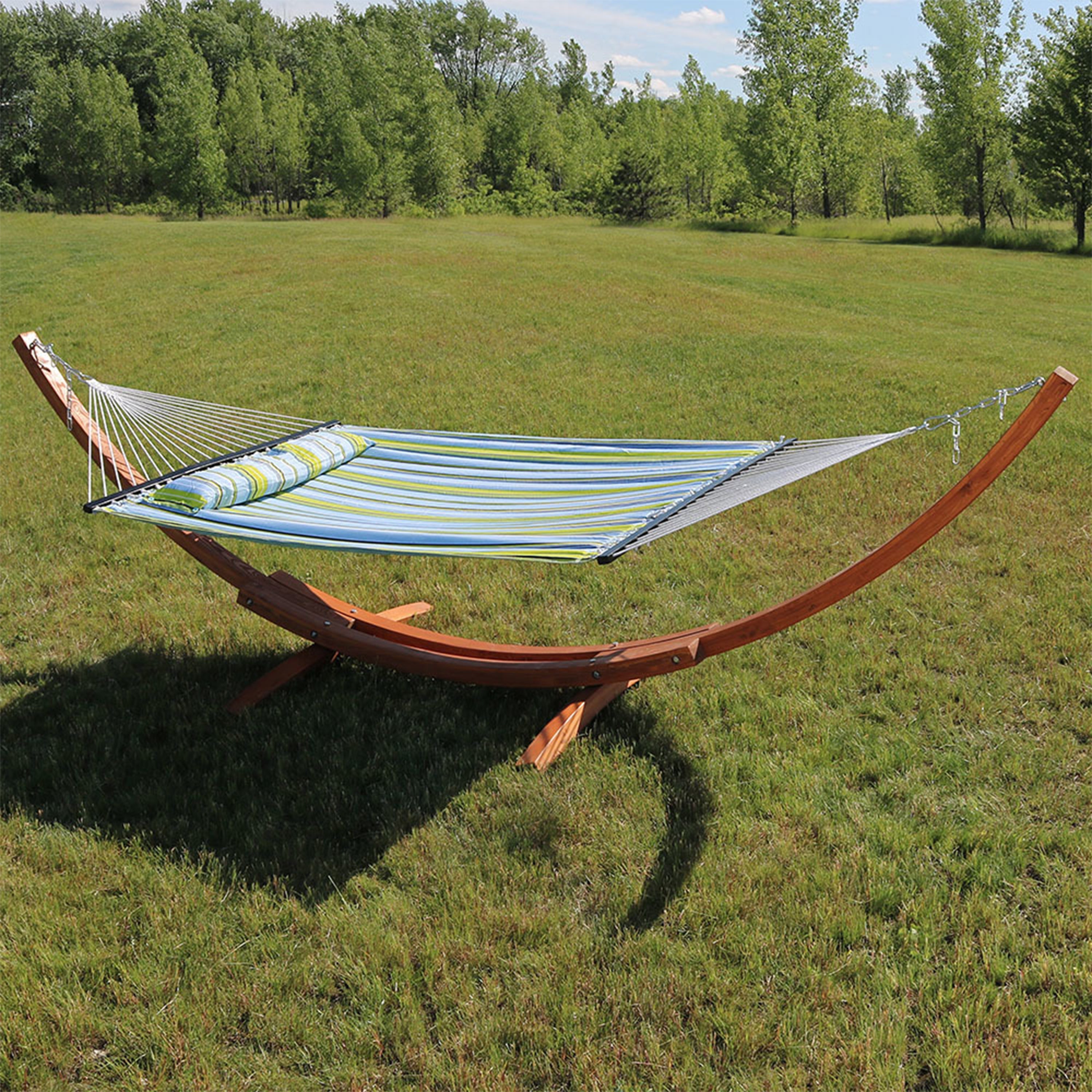  Sunnydaze Decor Quilted Double Fabric 2-Person Hammock with Curved Arc Wood Stand - 400 lb Weight Capacity/12' Stand - Red Stripe - Bonton