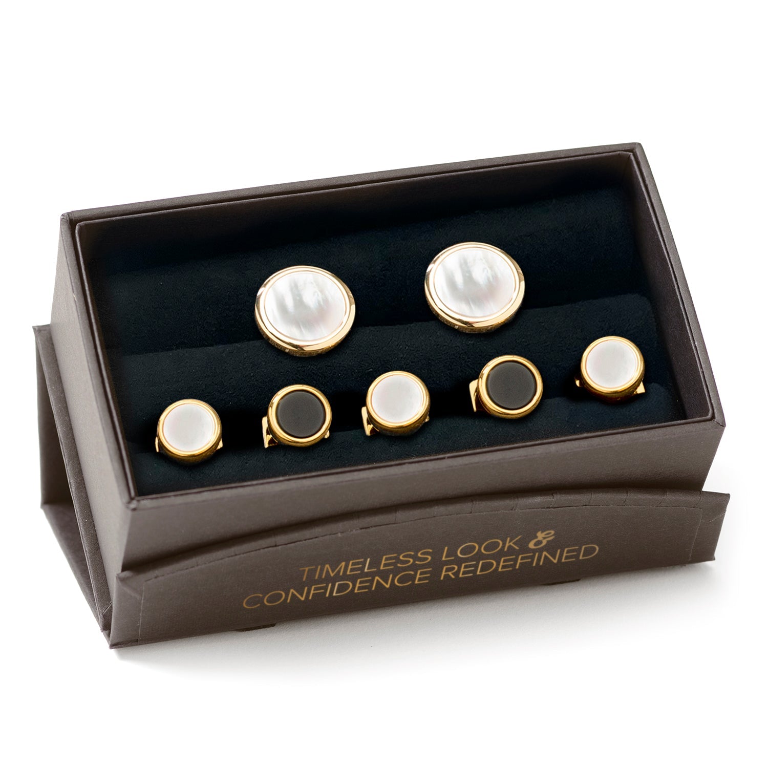  Cufflinks Double Sided Gold Mother of Pearl Round Beveled 5-Stud Set - Default Title - Bonton