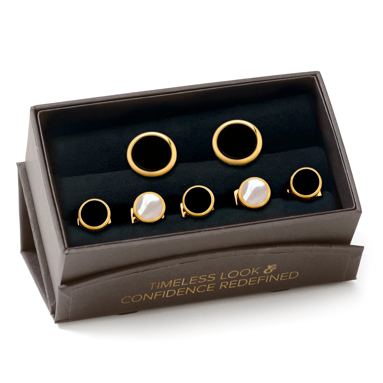  Cufflinks Double Sided Gold Onyx Round Beveled 5-Stud Set - Default Title - Bonton