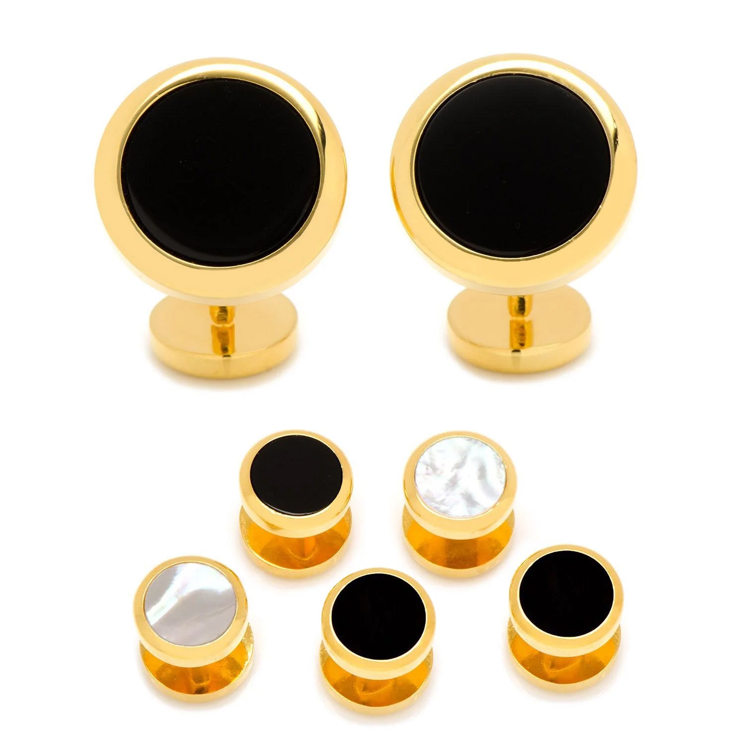  Cufflinks Double Sided Gold Onyx Round Beveled 5-Stud Set - Default Title - Bonton