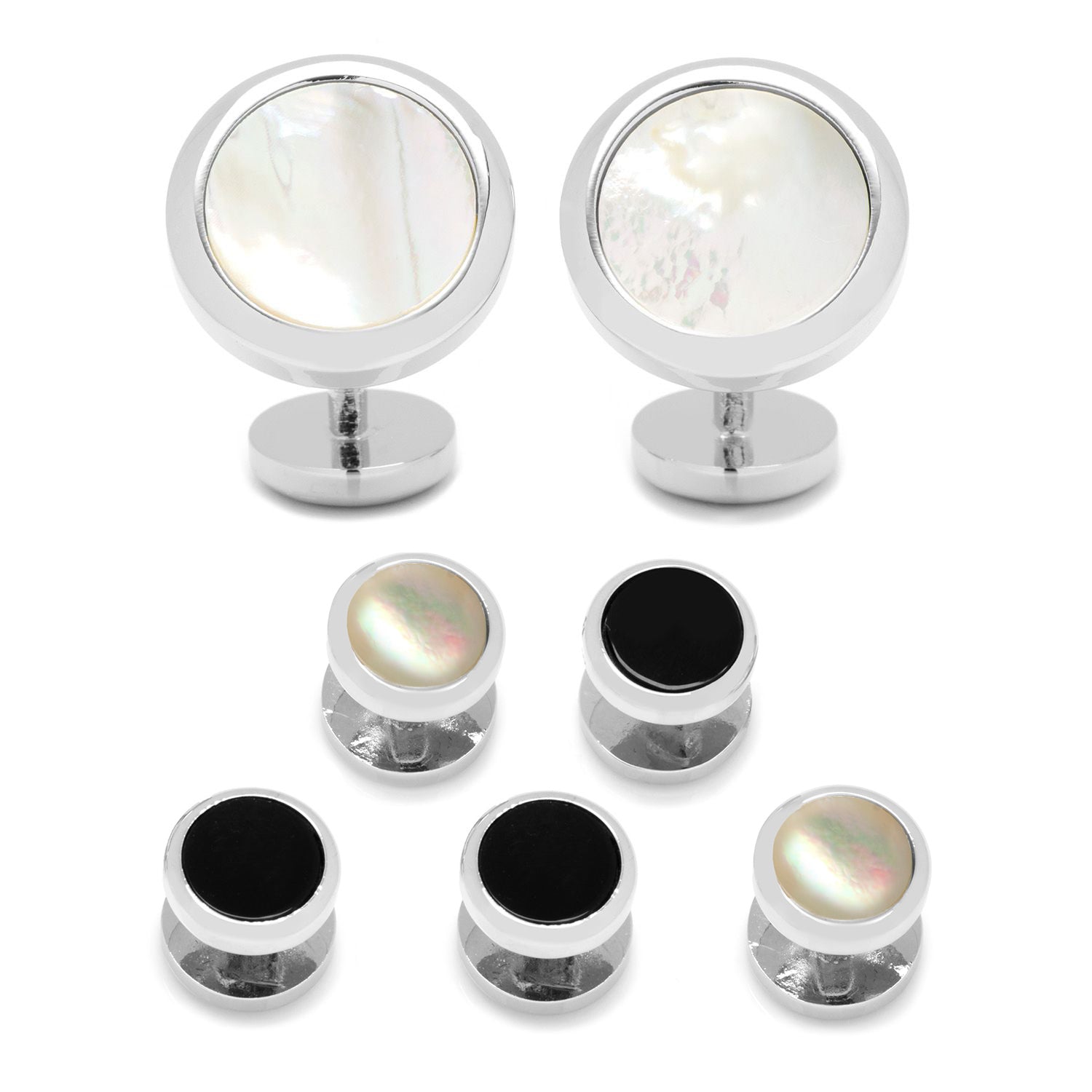  Cufflinks Double Sided Mother of Pearl Round Beveled 5-Stud Set - Default Title - Bonton