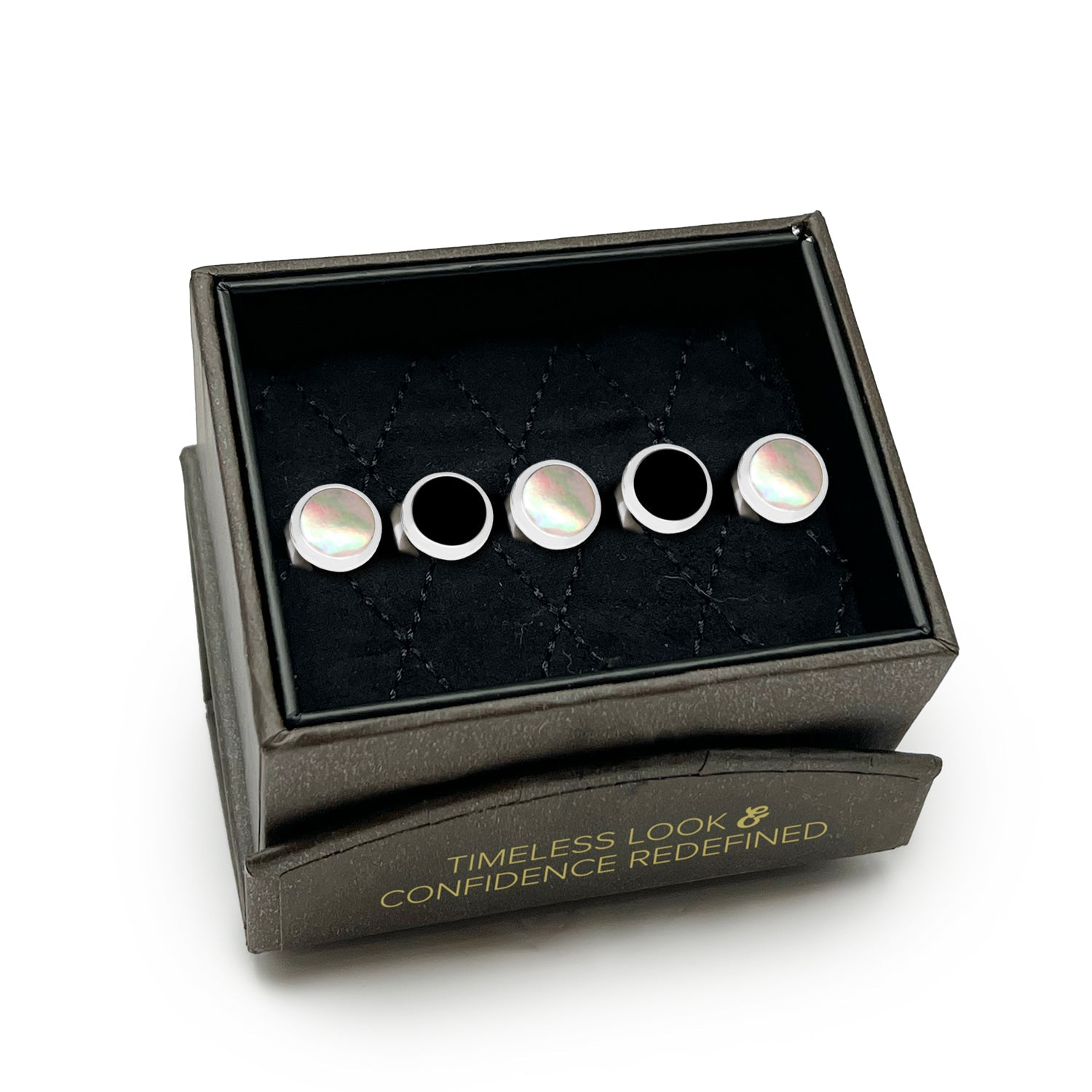  Cufflinks Double Sided Onyx and Mother of Pearl Round Beveled 5-Studs - Default Title - Bonton