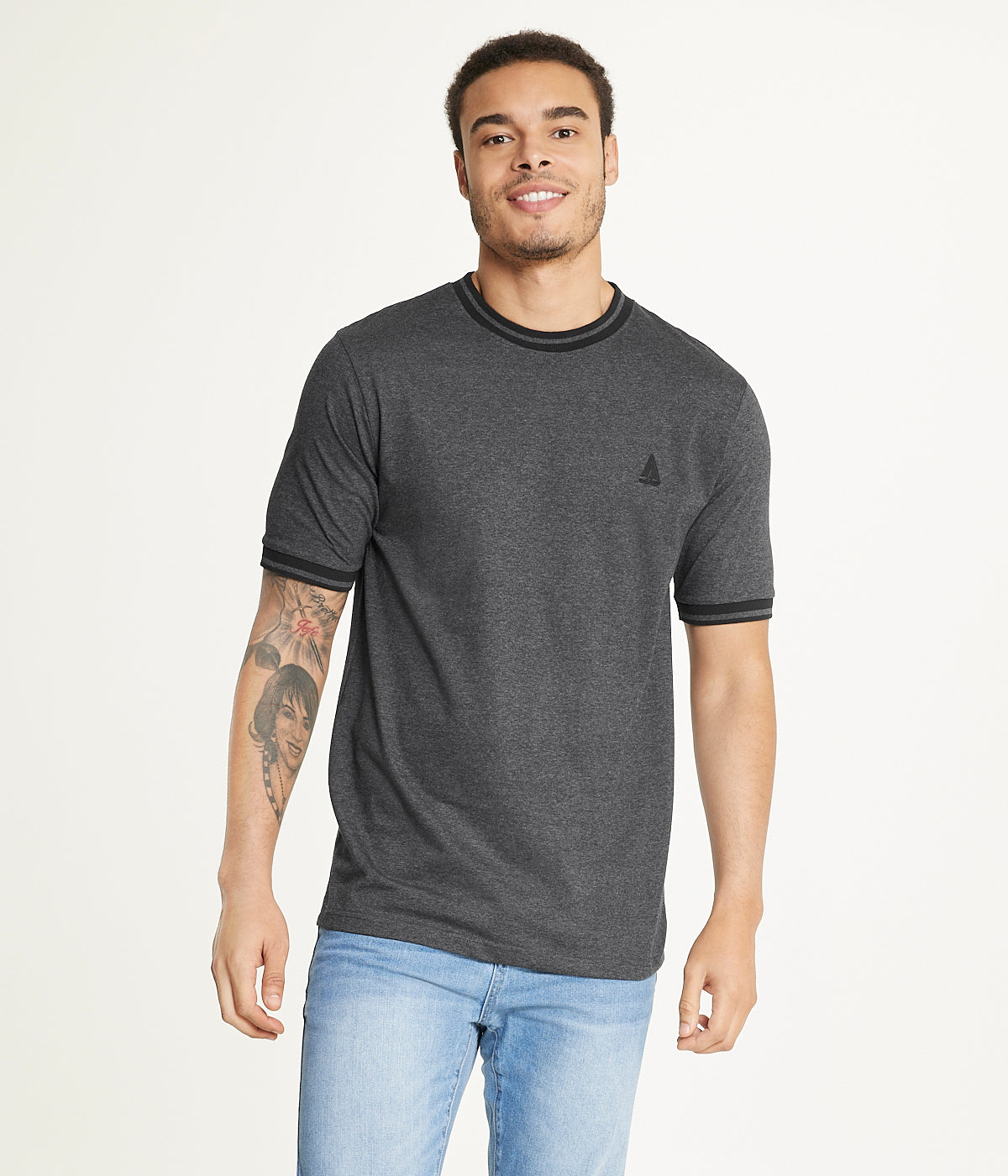  Brooklyn Laundry Brooklyn Laundry Men's Contrast Color Embroidery Ringer Tee Shirt - Charcoal - Bonton