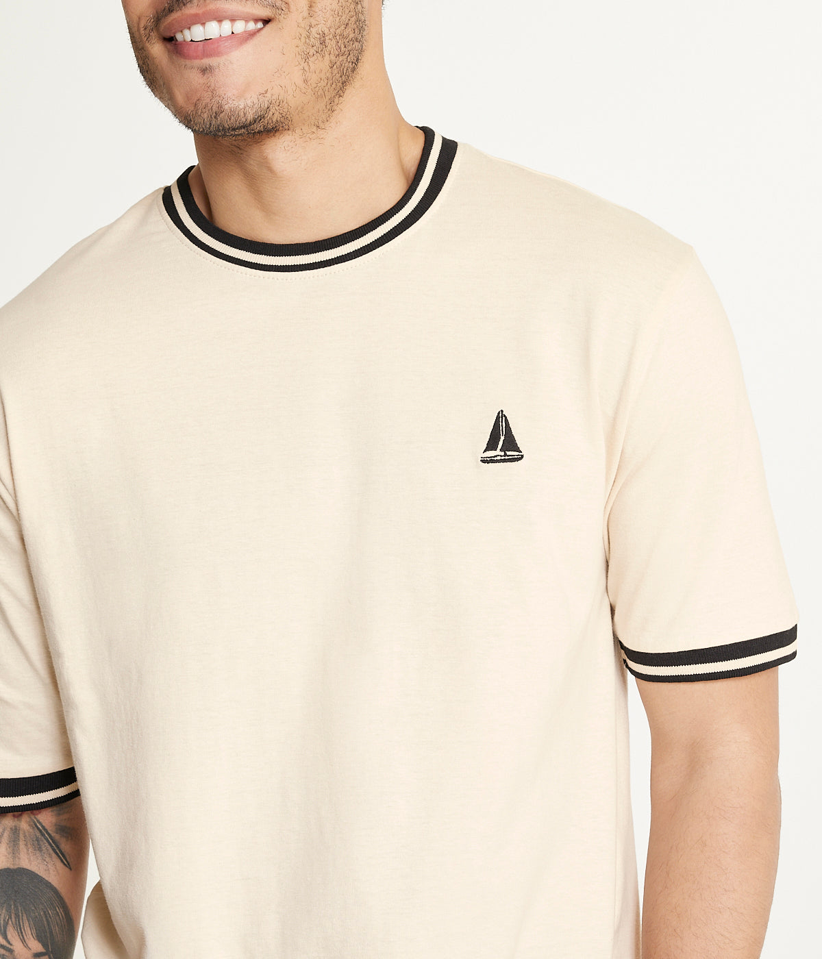  Brooklyn Laundry Brooklyn Laundry Men's Contrast Color Embroidery Ringer Tee Shirt - Sand - Bonton