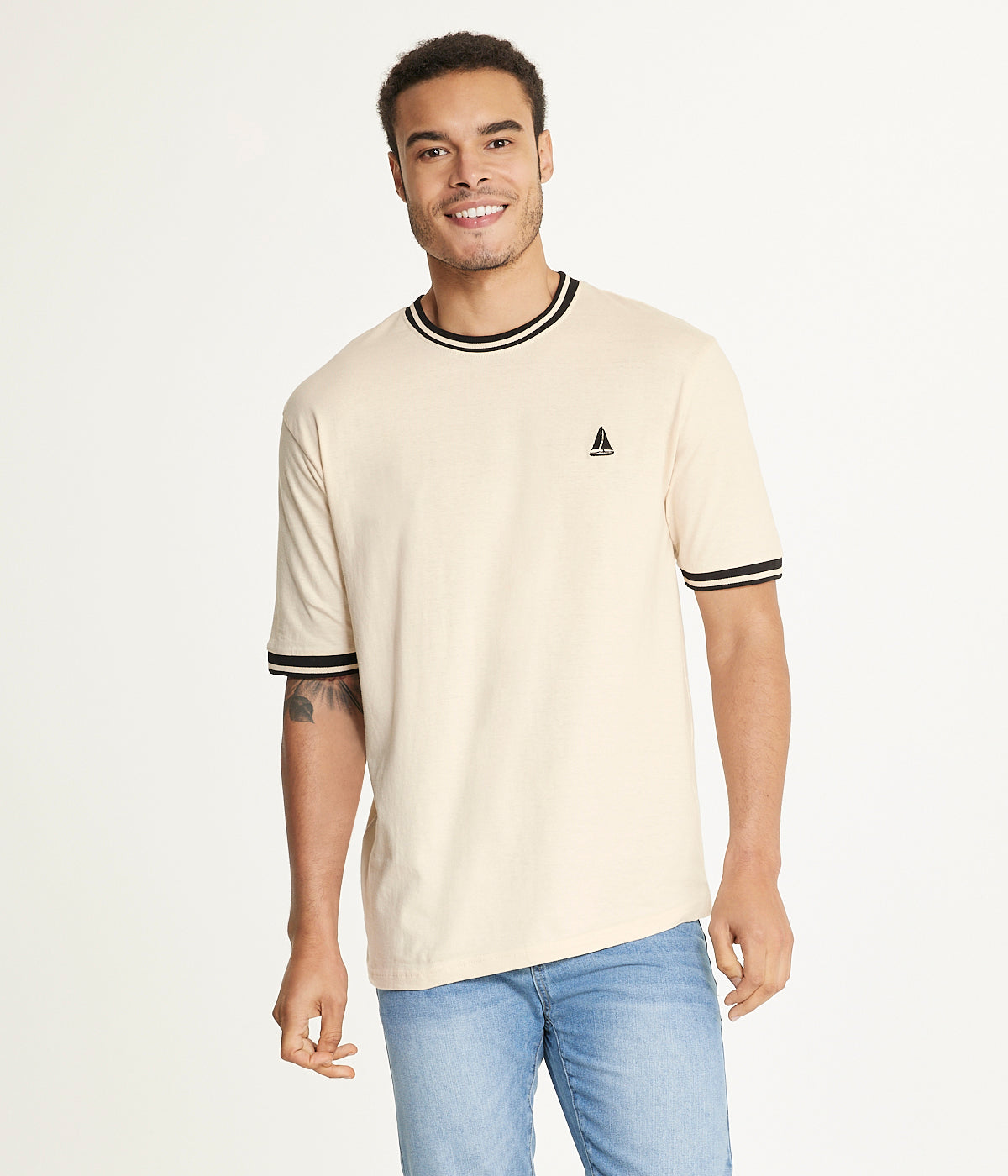  Brooklyn Laundry Brooklyn Laundry Men's Contrast Color Embroidery Ringer Tee Shirt - Sand - Bonton