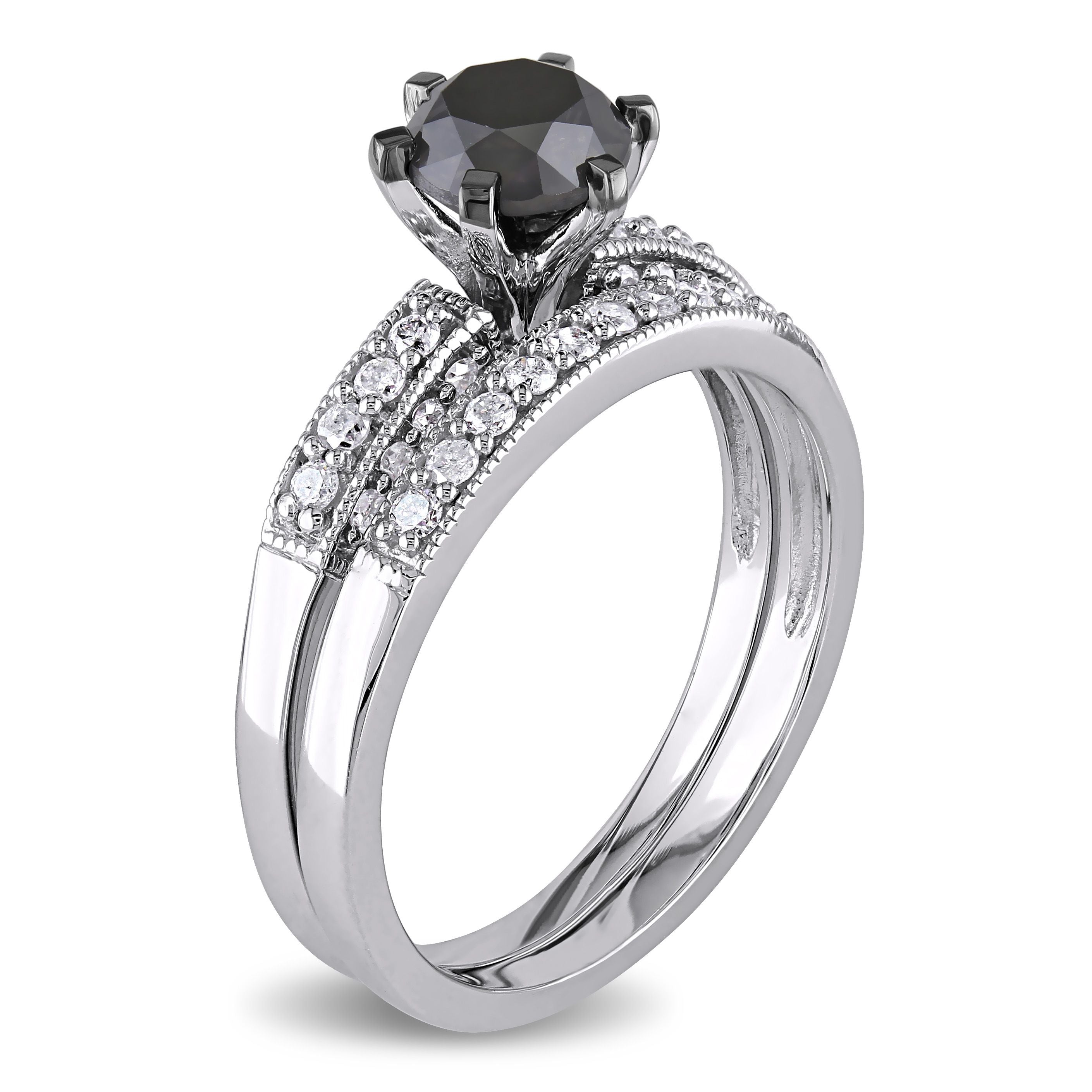  Studio Works 1 1/3 CT TW Black & White Diamond 10k White Gold Bridal Ring Set - Black/White - Bonton