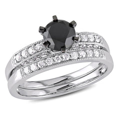 1 1/3 CT TW Black & White Diamond 10k White Gold Bridal Ring Set