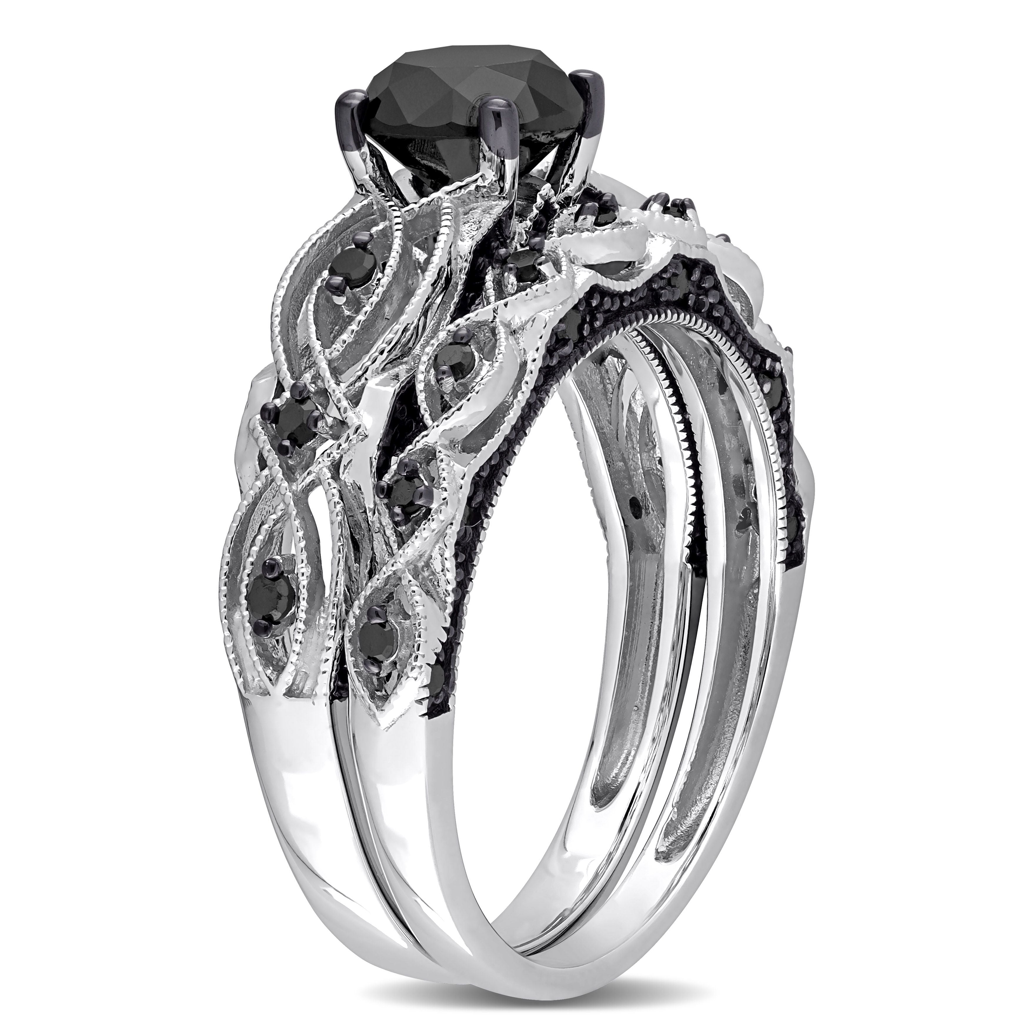  Studio Works 1 3/8 CT TW Black Diamond 10k White Gold Bridal Ring Set - White/Black - Bonton