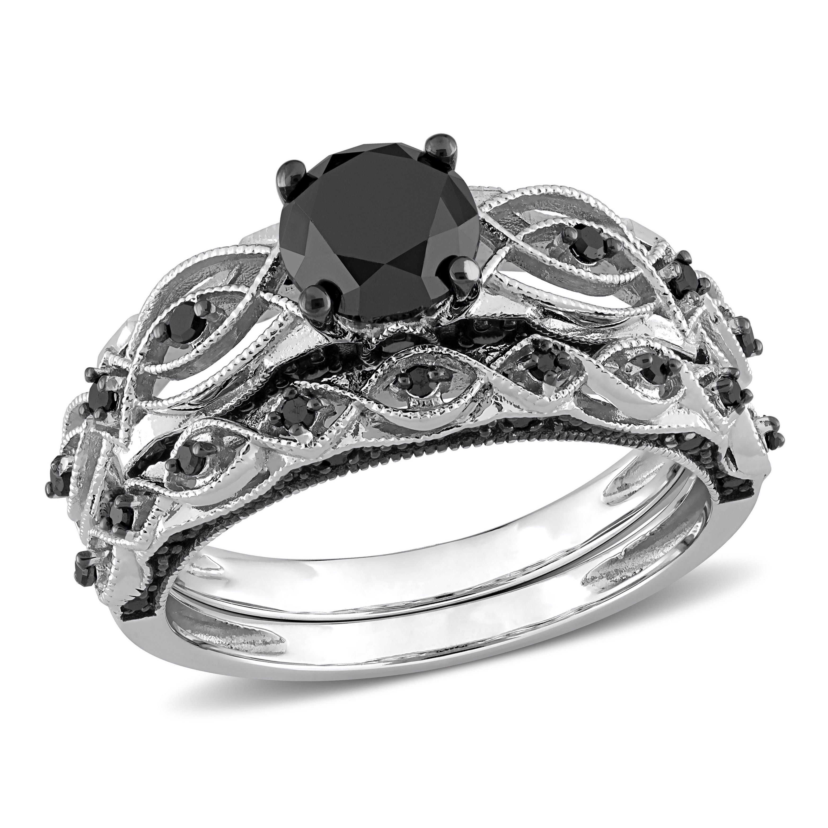  Studio Works 1 3/8 CT TW Black Diamond 10k White Gold Bridal Ring Set - White/Black - Bonton