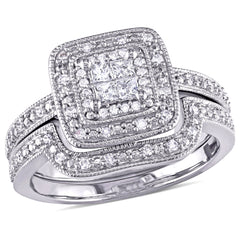 1/3 CT TW Princess and Round Diamonds Sterling Silver Bridal Ring Set