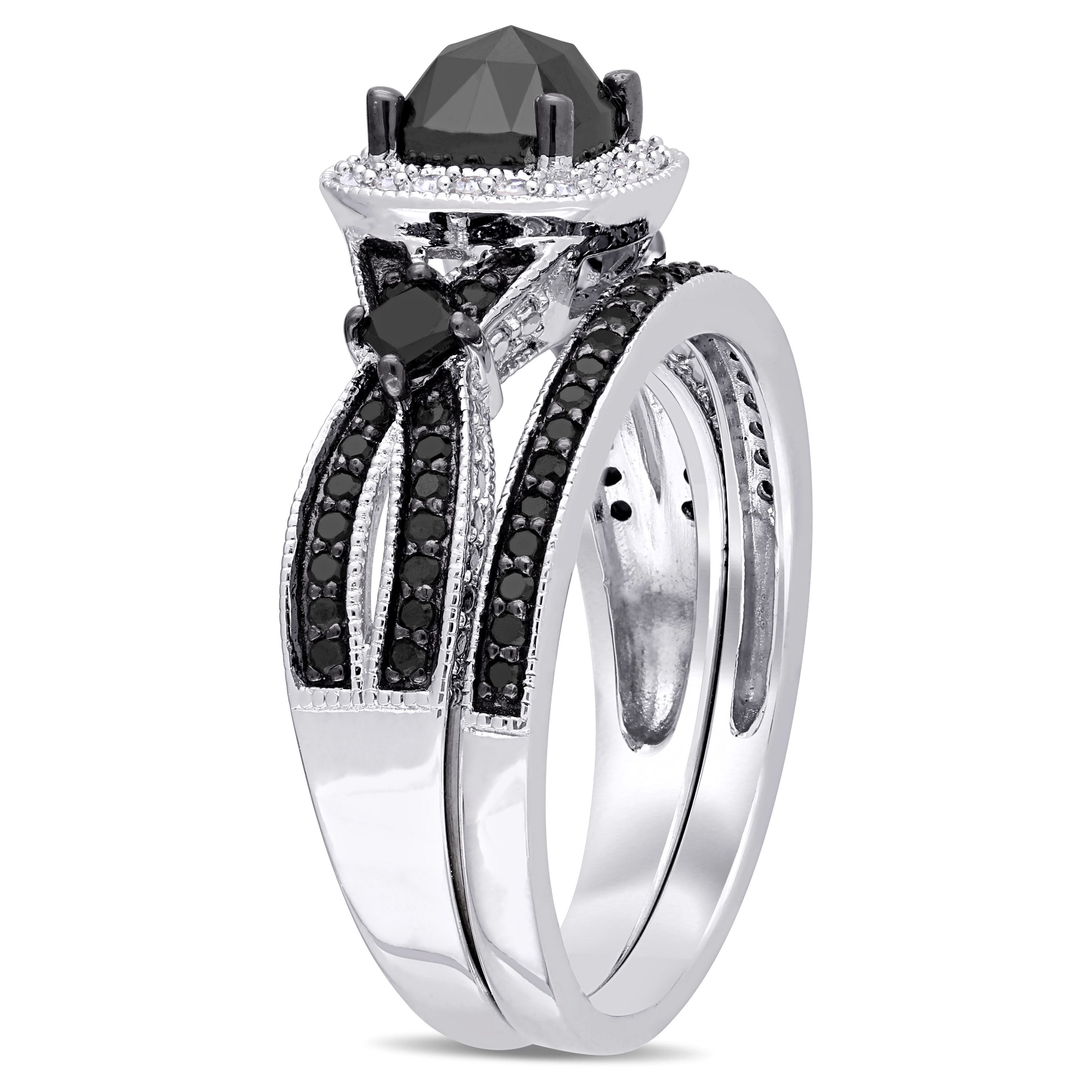  Studio Works 1 1/2 CT TW Black and White Multi-shape Diamonds Sterling Silver Bridal Ring Set - Black/White - Bonton