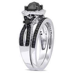 1 1/2 CT TW Black and White Multi-shape Diamonds Sterling Silver Bridal Ring Set