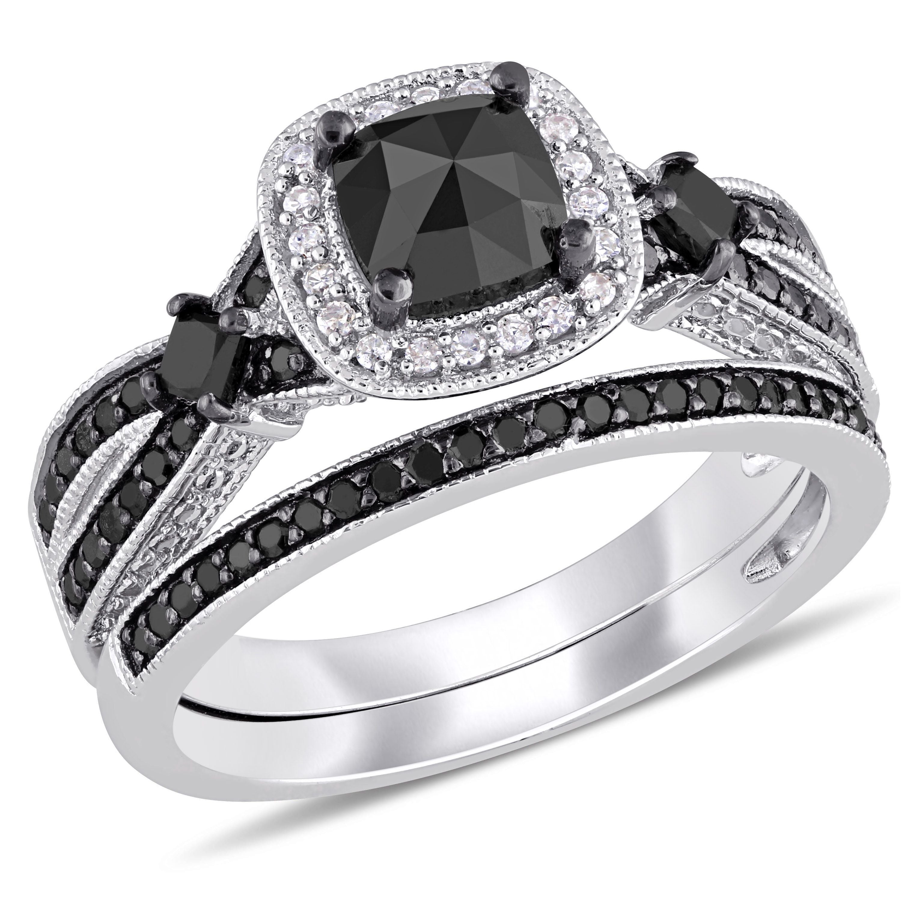  Studio Works 1 1/2 CT TW Black and White Multi-shape Diamonds Sterling Silver Bridal Ring Set - Black/White - Bonton