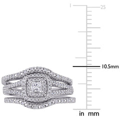 1/2 CT TW Princess and Round Diamonds Double Halo Sterling Silver Bridal Ring Set