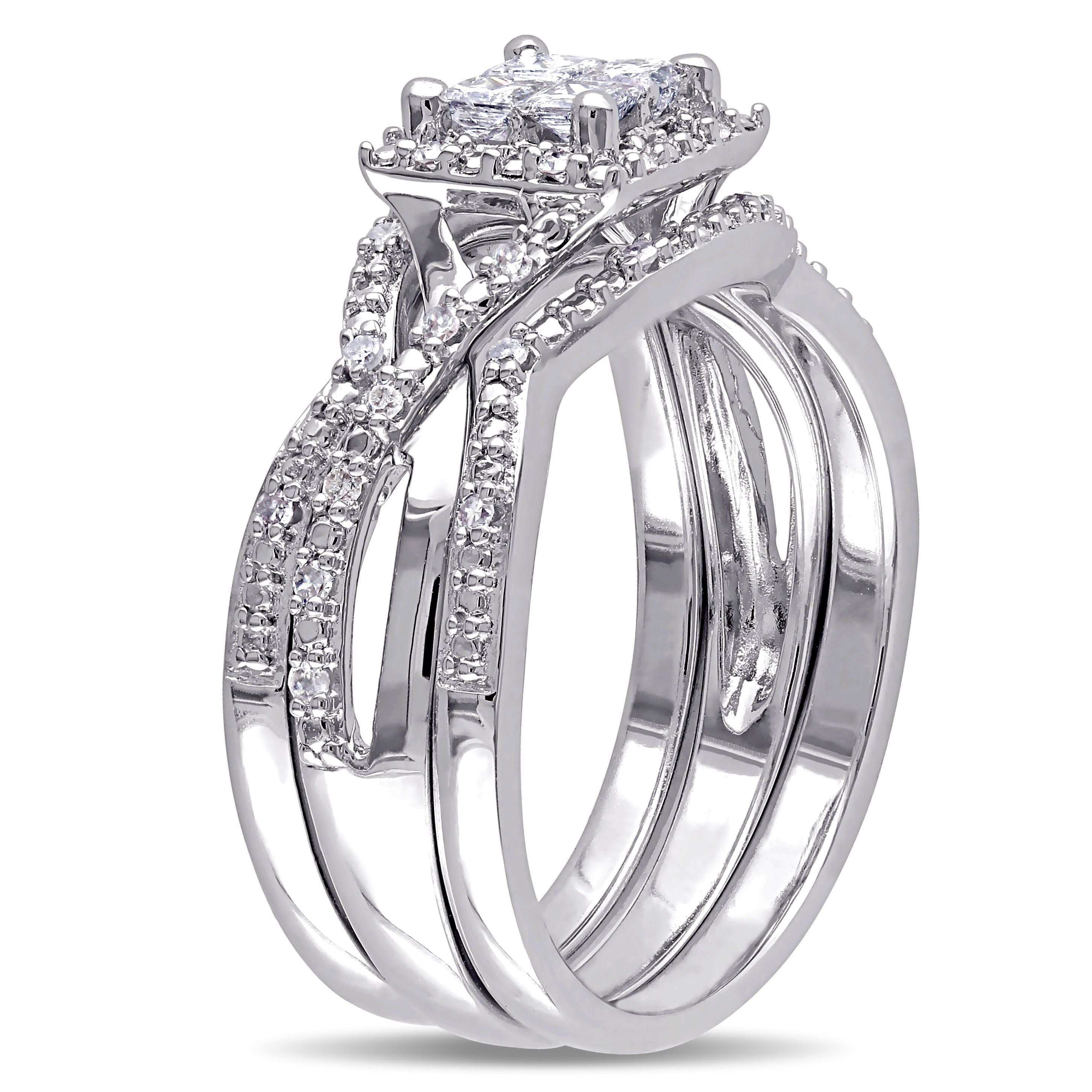  Studio Works 1/2 CT TW Princess and Round Diamond Halo Sterling Silver 3 Piece Ring Set - White - Bonton