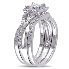 1/2 CT TW Princess and Round Diamond Halo Sterling Silver 3 Piece Ring Set