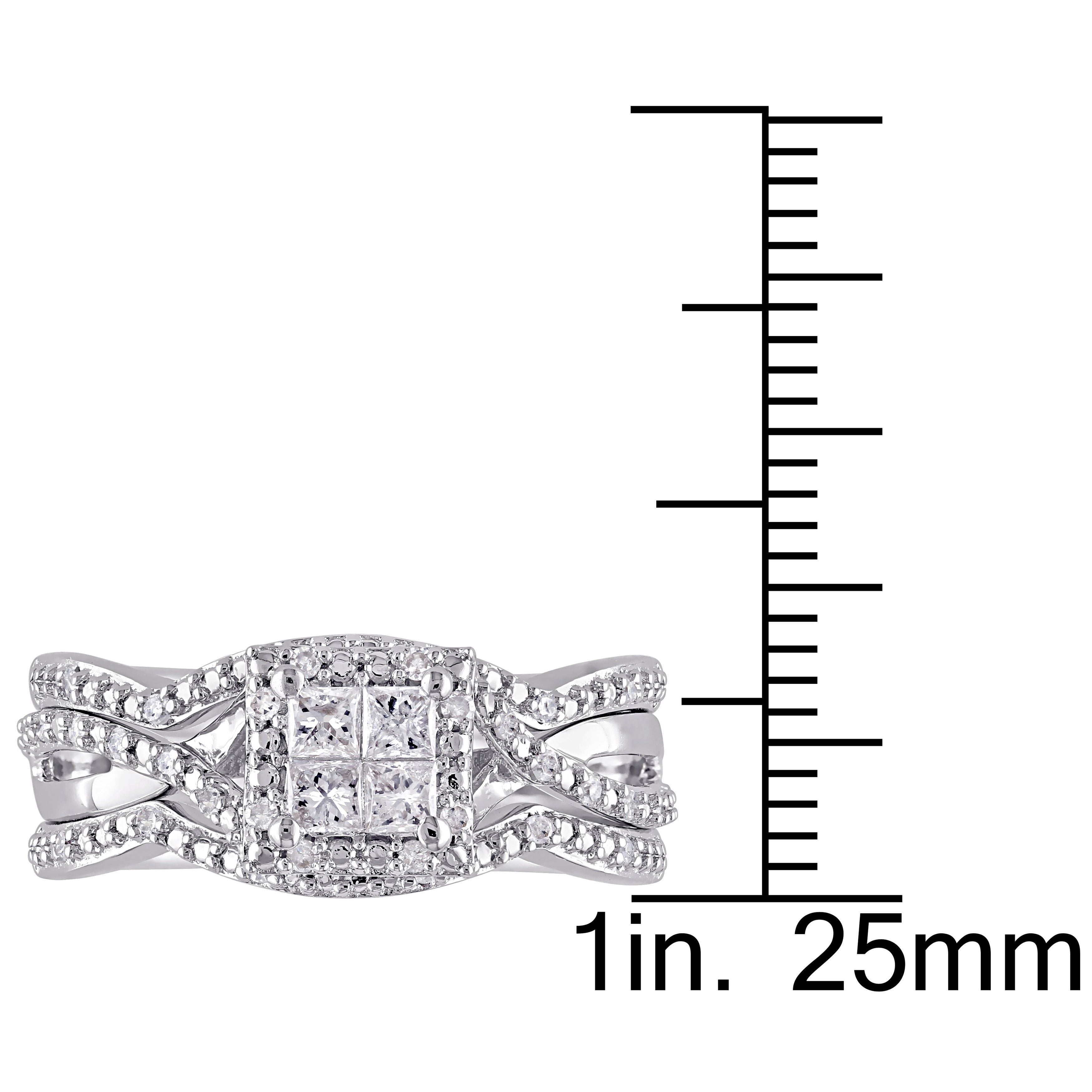  Studio Works 1/2 CT TW Princess and Round Diamond Halo Sterling Silver 3 Piece Ring Set - White - Bonton