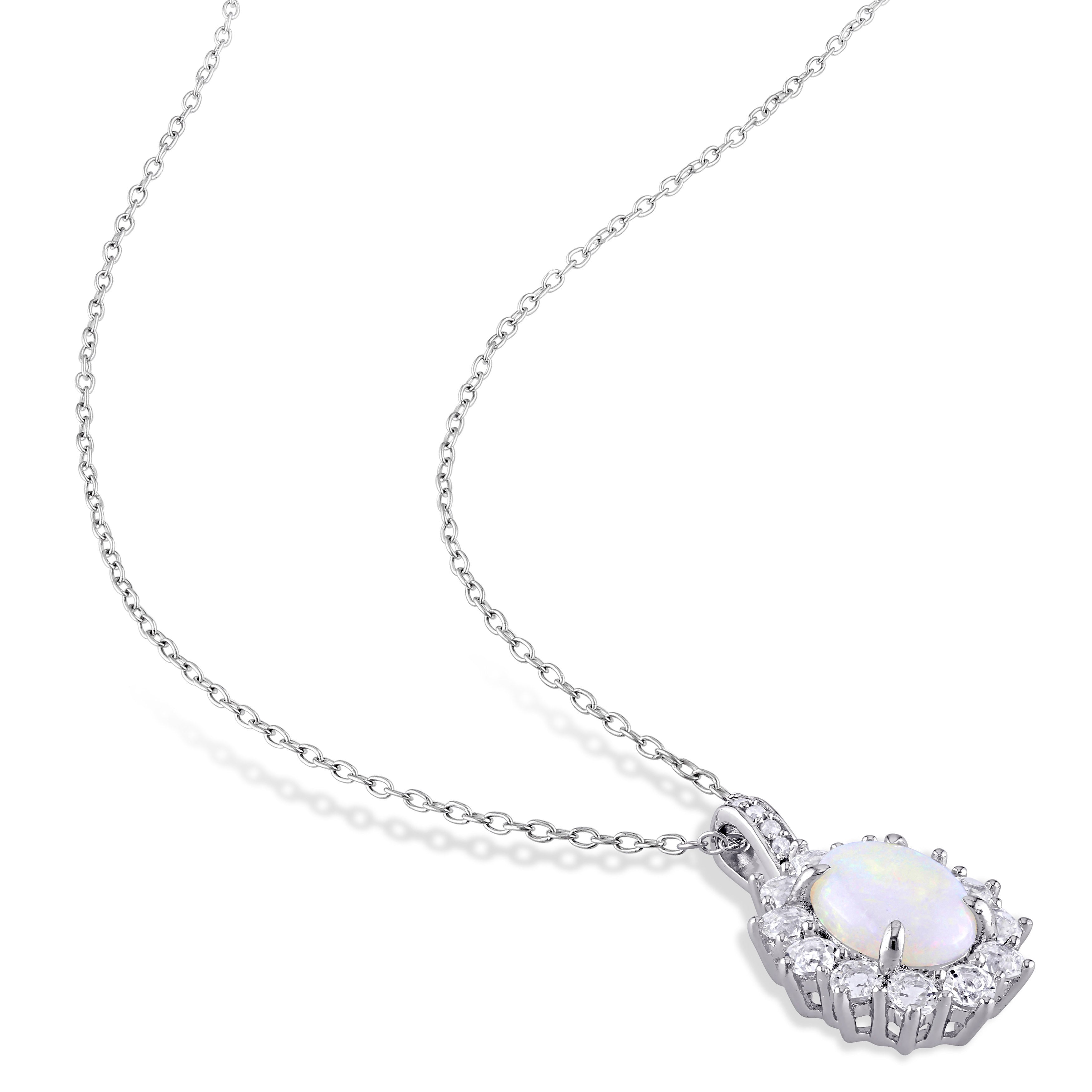  Studio Works 2 CT TGW Opal and White Topaz and Diamond Accent Sterling Silver Halo Pendant Necklace - White - Bonton