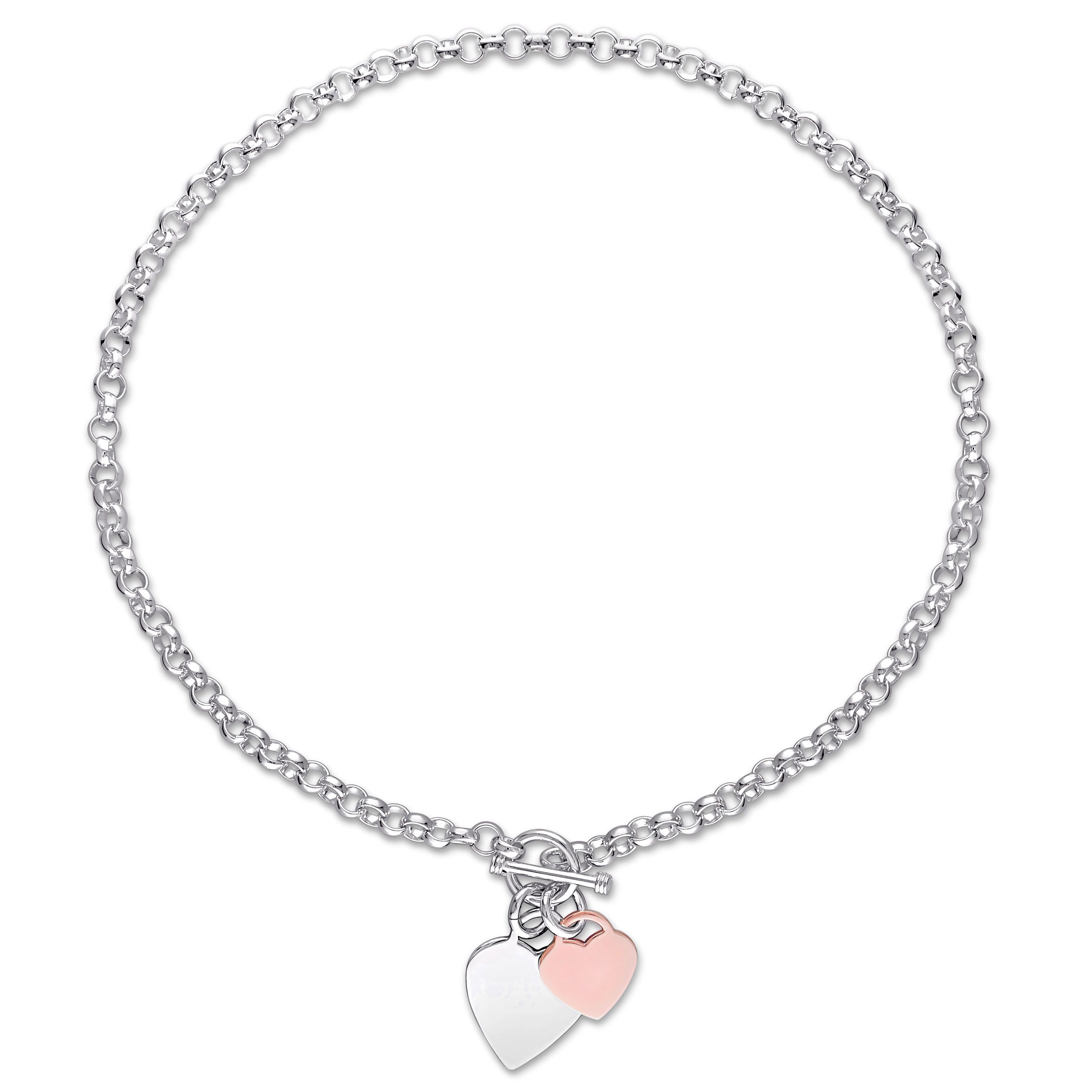  Studio Works Oval Link with Double Heart Charm in 2-Tone White and Rose Plated Sterling Silver Necklace - White/Pink - Bonton