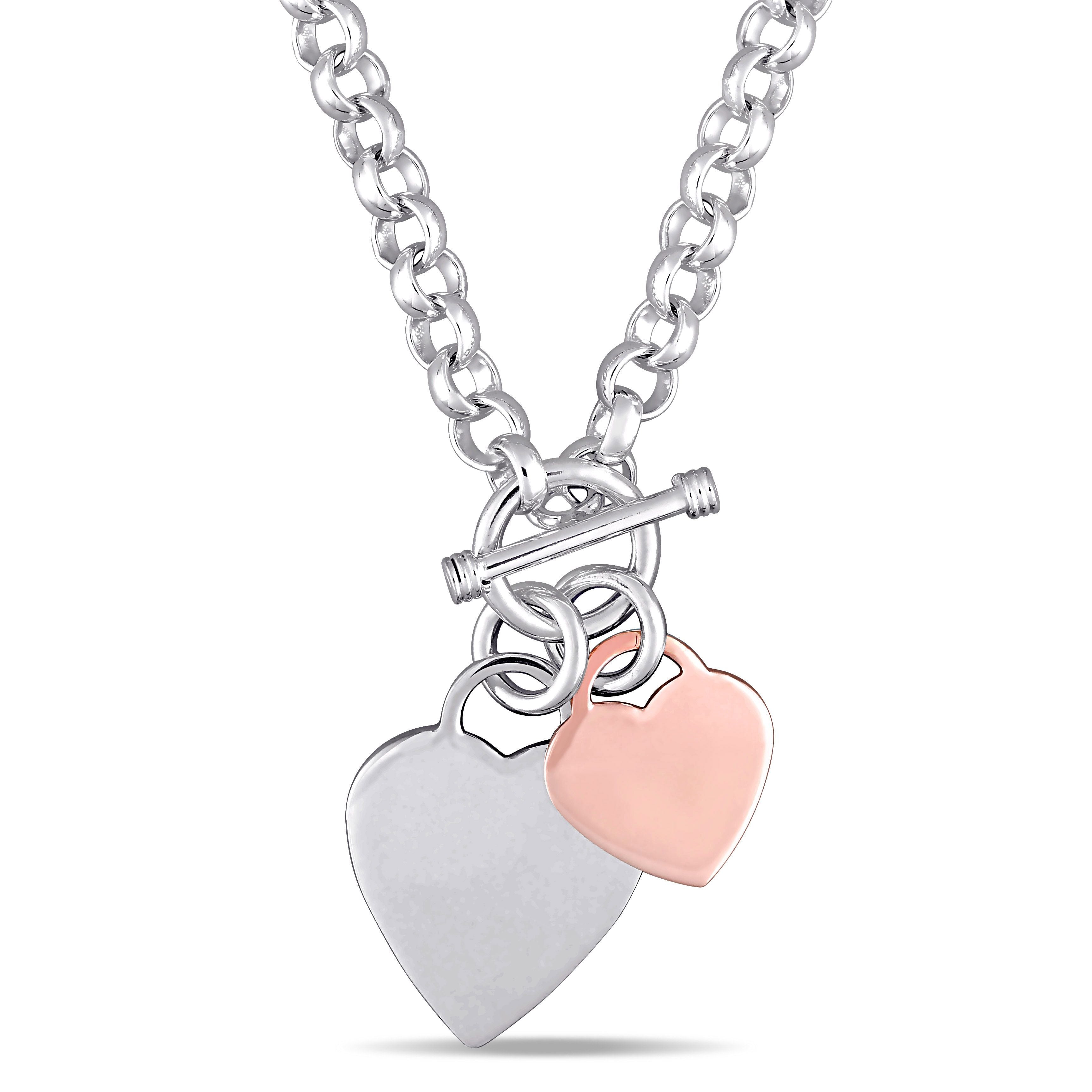  Studio Works Oval Link with Double Heart Charm in 2-Tone White and Rose Plated Sterling Silver Necklace - White/Pink - Bonton