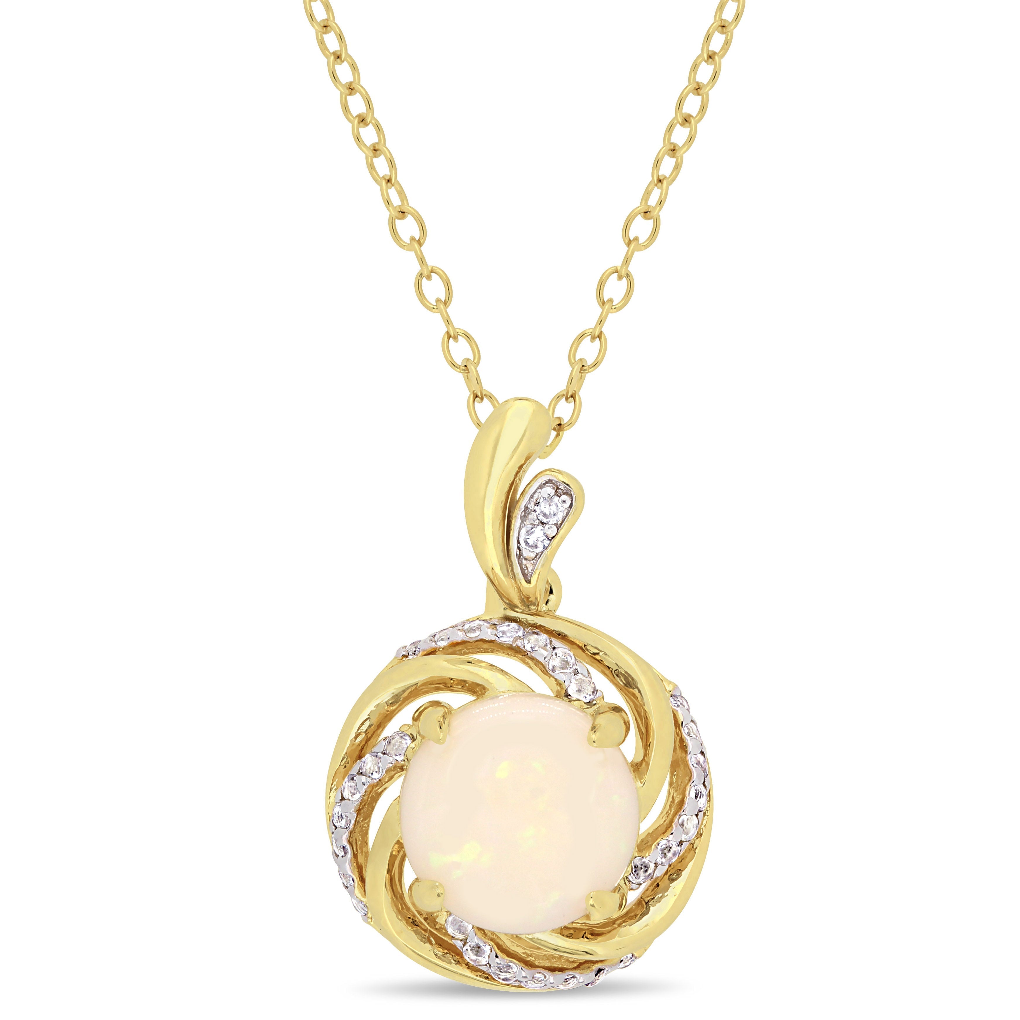  Studio Works 1 3/8 CT TGW Opal, White Topaz and Diamond Accent Yellow Plated Sterling Silver Swirl Halo Pendant Necklace - White - Bonton