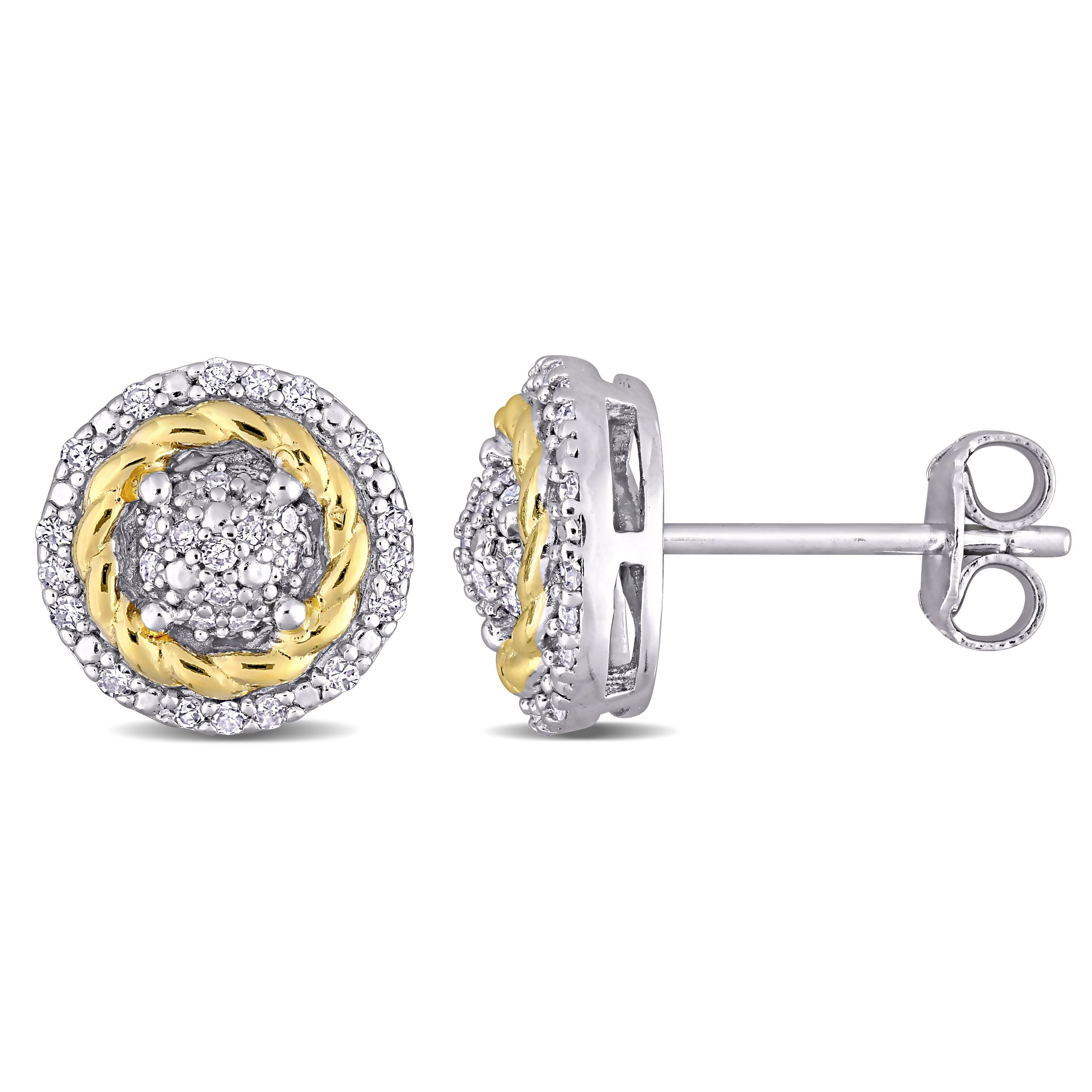  Studio Works 1/4 CT TW Diamond White and Yellow Plated Sterling Silver Rope Design Halo Stud Earrings - White/Yellow - Bonton