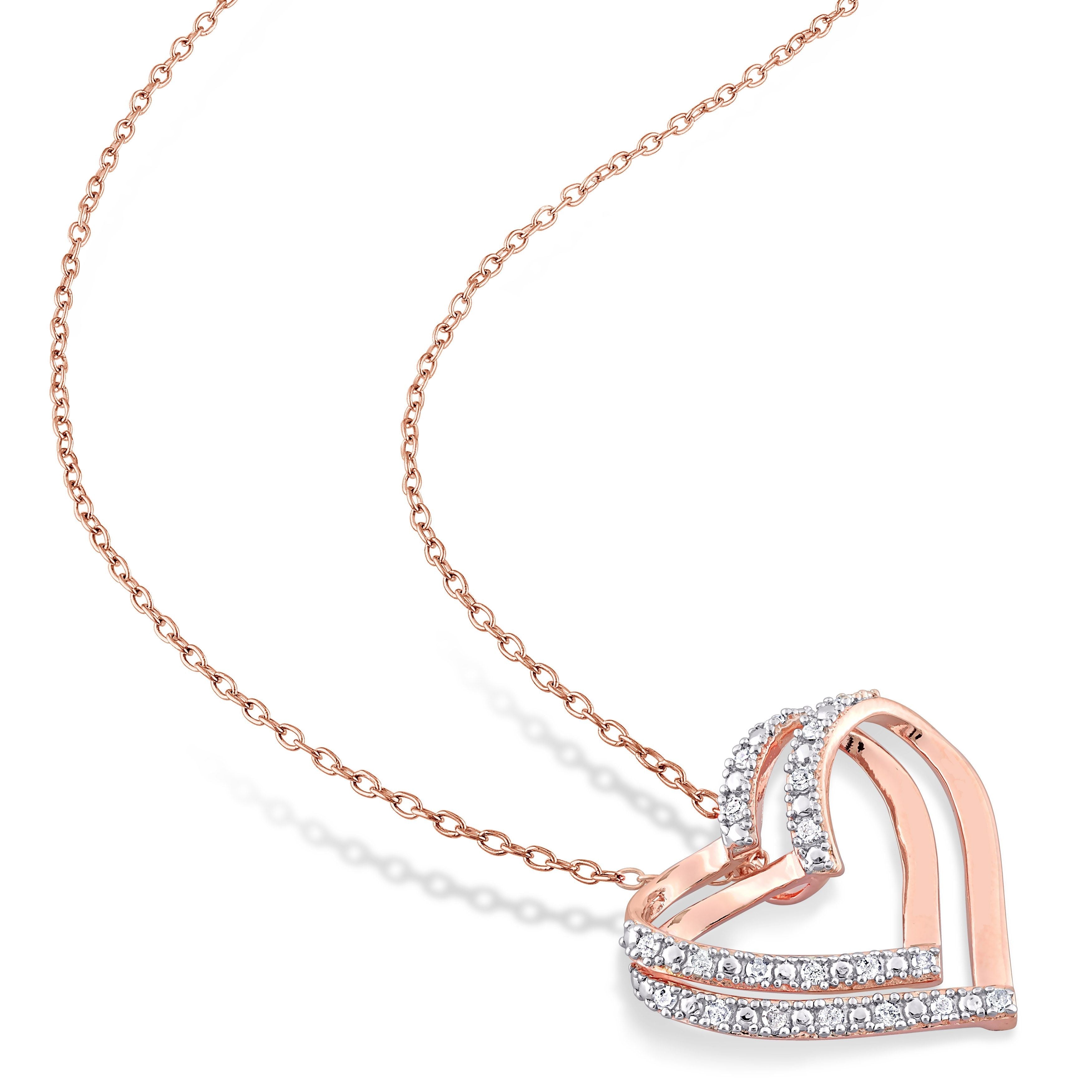  Studio Works 1/5 CT TW Diamond Rose Plated Sterling Silver Double Heart Pendant Necklace - White/Pink - Bonton