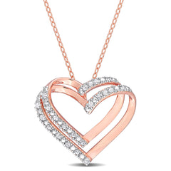 1/5 CT TW Diamond Rose Plated Sterling Silver Double Heart Pendant Necklace