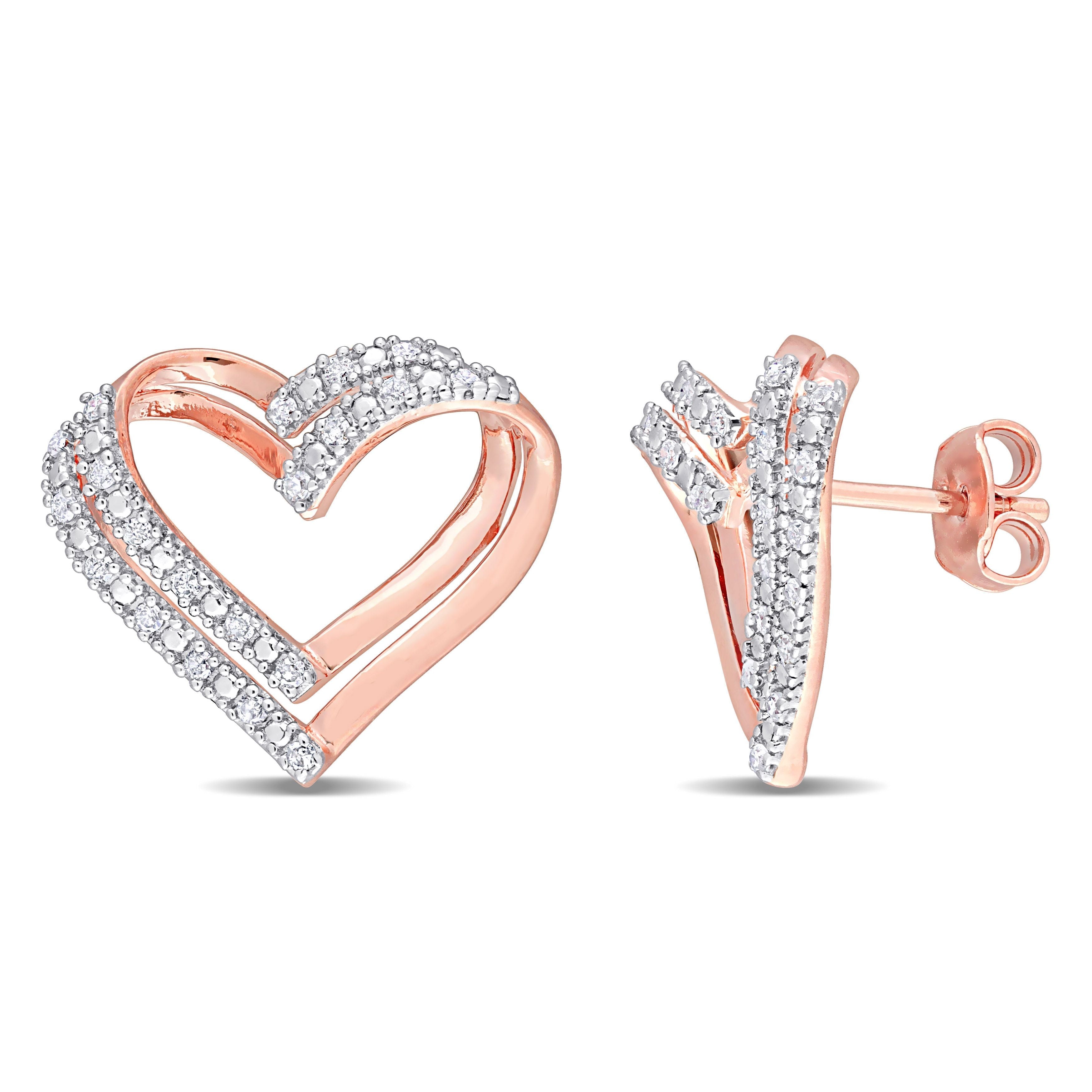  Studio Works 1/5 CT TW Diamond Pink Plated Sterling Silver Double Heart Stud Earrings - White/Pink - Bonton