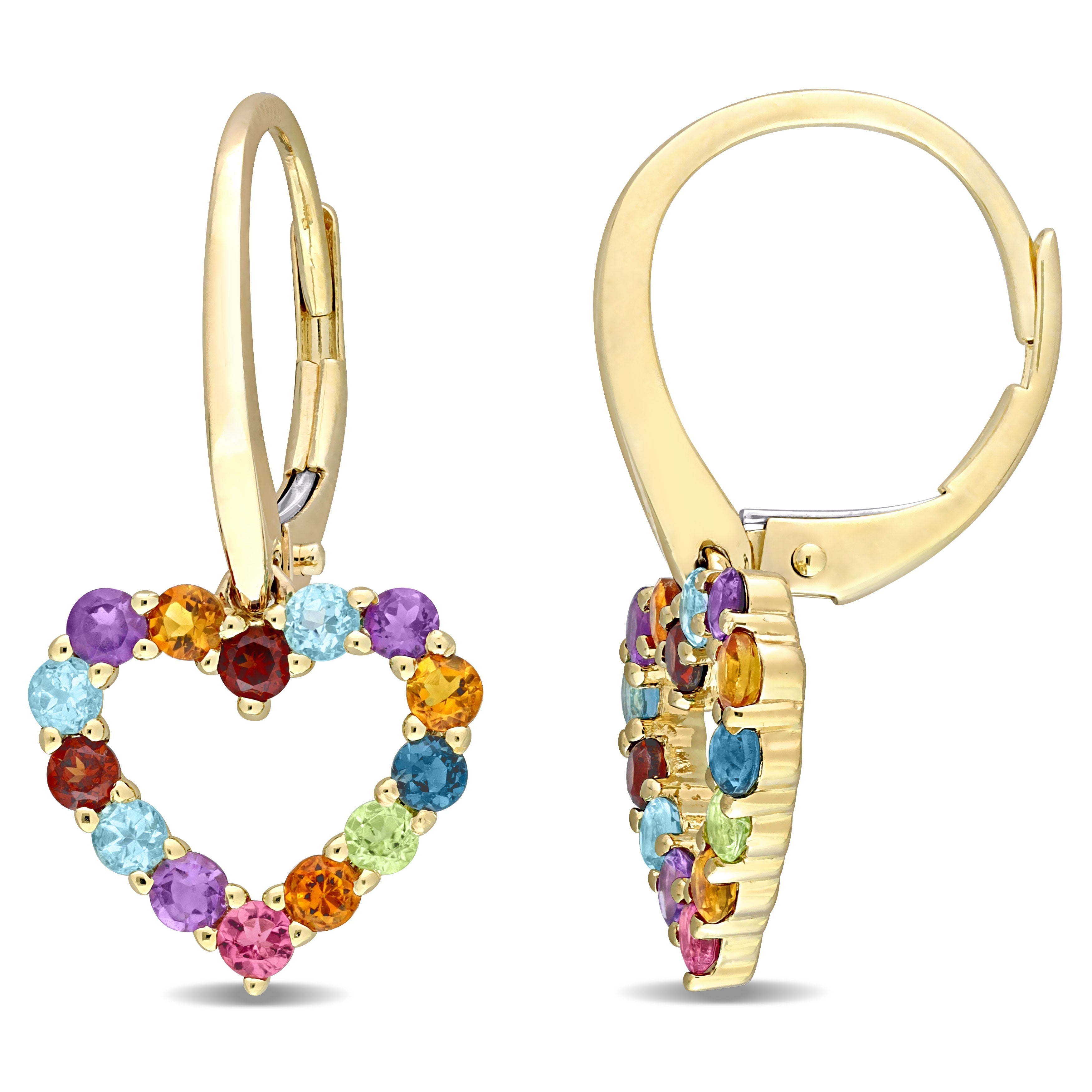  Studio Works 1 CT TGW Multi-Gemstones 10K Yellow Gold Heart Leverback Earrings - Blue/Pink/Red/Purple - Bonton