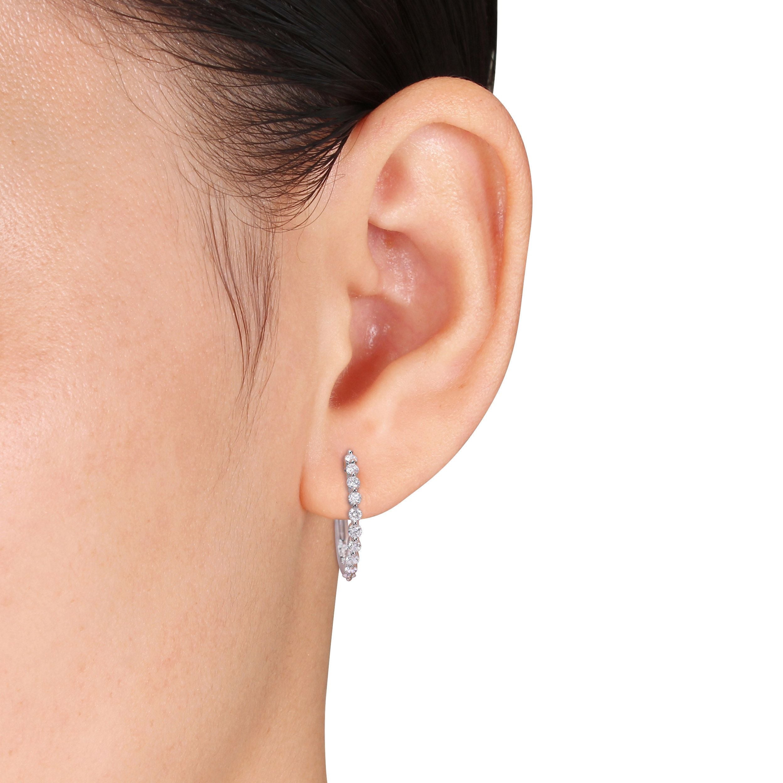  Studio Works 5/8 Carat TW Lab Created Diamond Platinum Plated Sterling Silver Half Embellished Hoop Earrings - White - Bonton