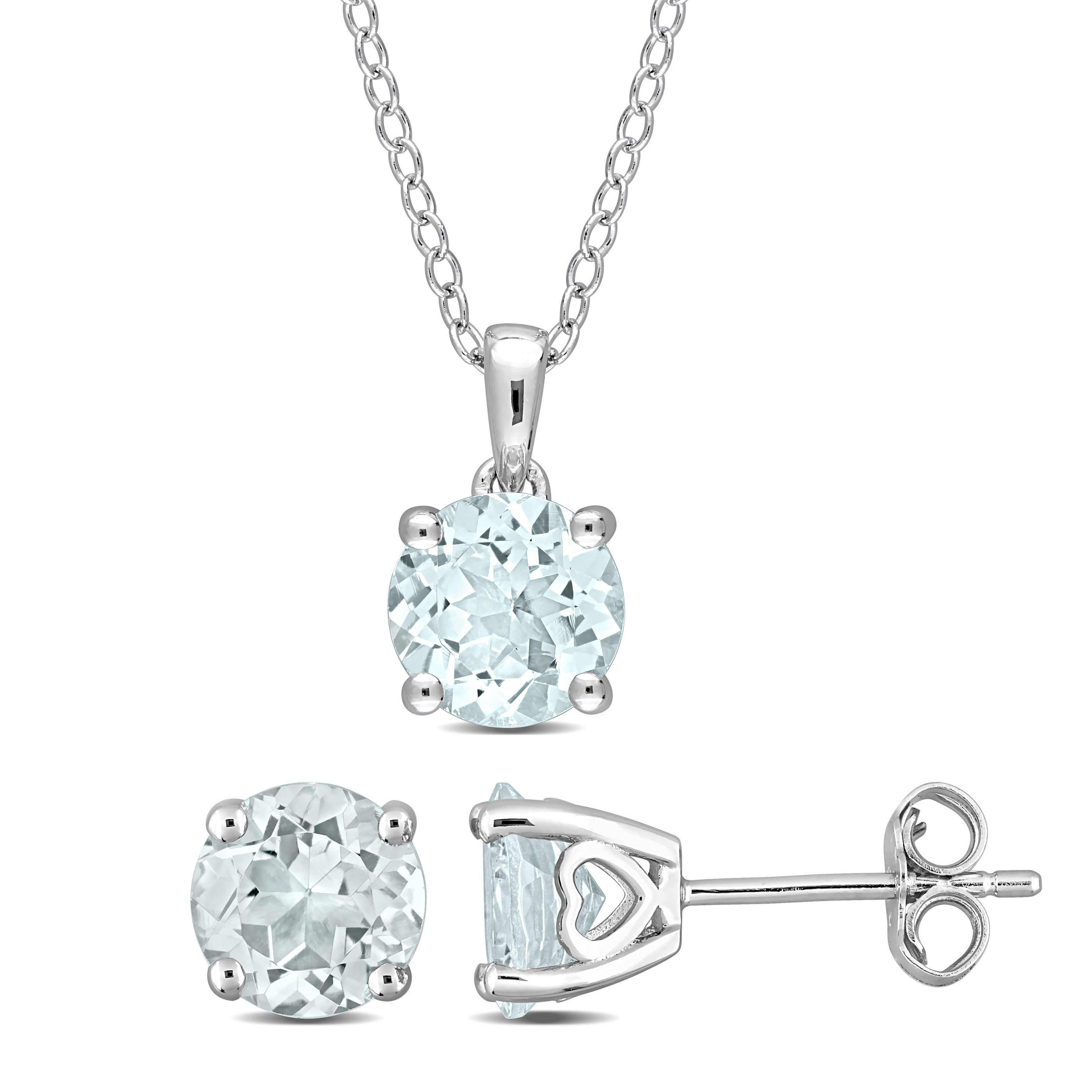  Studio Works Aquamarine Solitaire Stud Earring and Pendant Set - Blue - Bonton