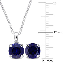 Created Blue Sapphire Solitaire Stud Earring and Pendant Set