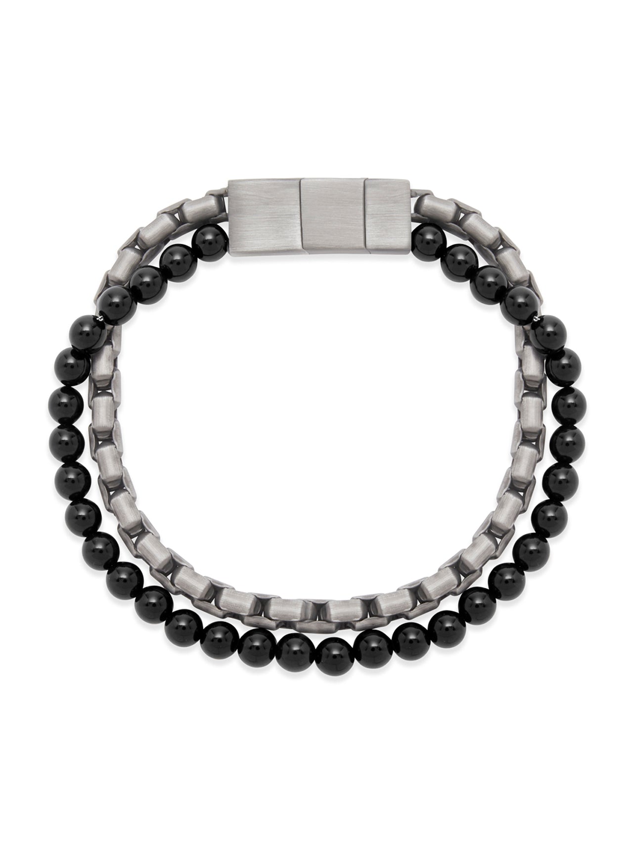  Kenneth Roberts Men's Chain and Black Agate Bead Bracelet - Silver - Bonton