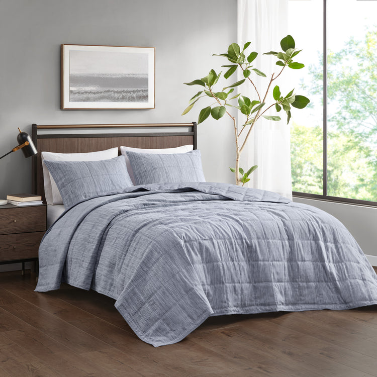 Guthrie 3 Piece Striated Cationic Dyed Oversized Quilt Set Blue