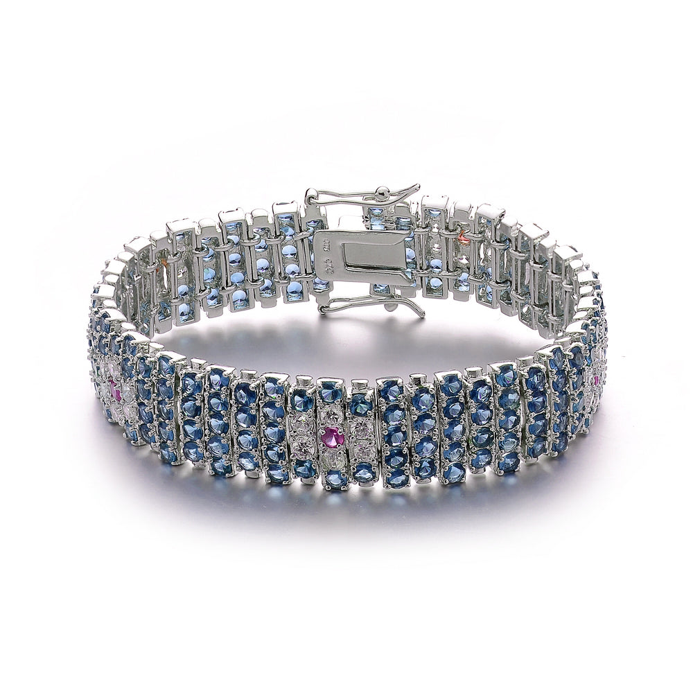  Genevive Cubic Zirconia Sterling Silver White Gold Plated Wide Elegant Bracelet - Silver - Bonton