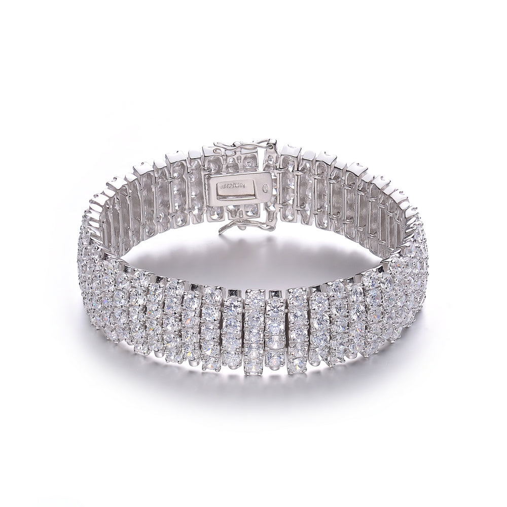  Genevive Cubic Zirconia Sterling Silver White Gold Plated Wide Elegant Bracelet - Silver - Bonton