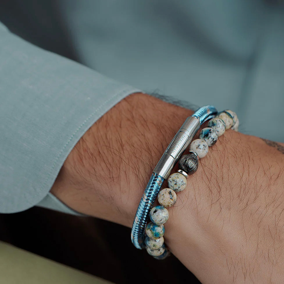  Cufflinks Lhasa Graffiato Beaded Bracelet in Rhodium Silver With Cream and Blue Azurite - Default Title - Bonton