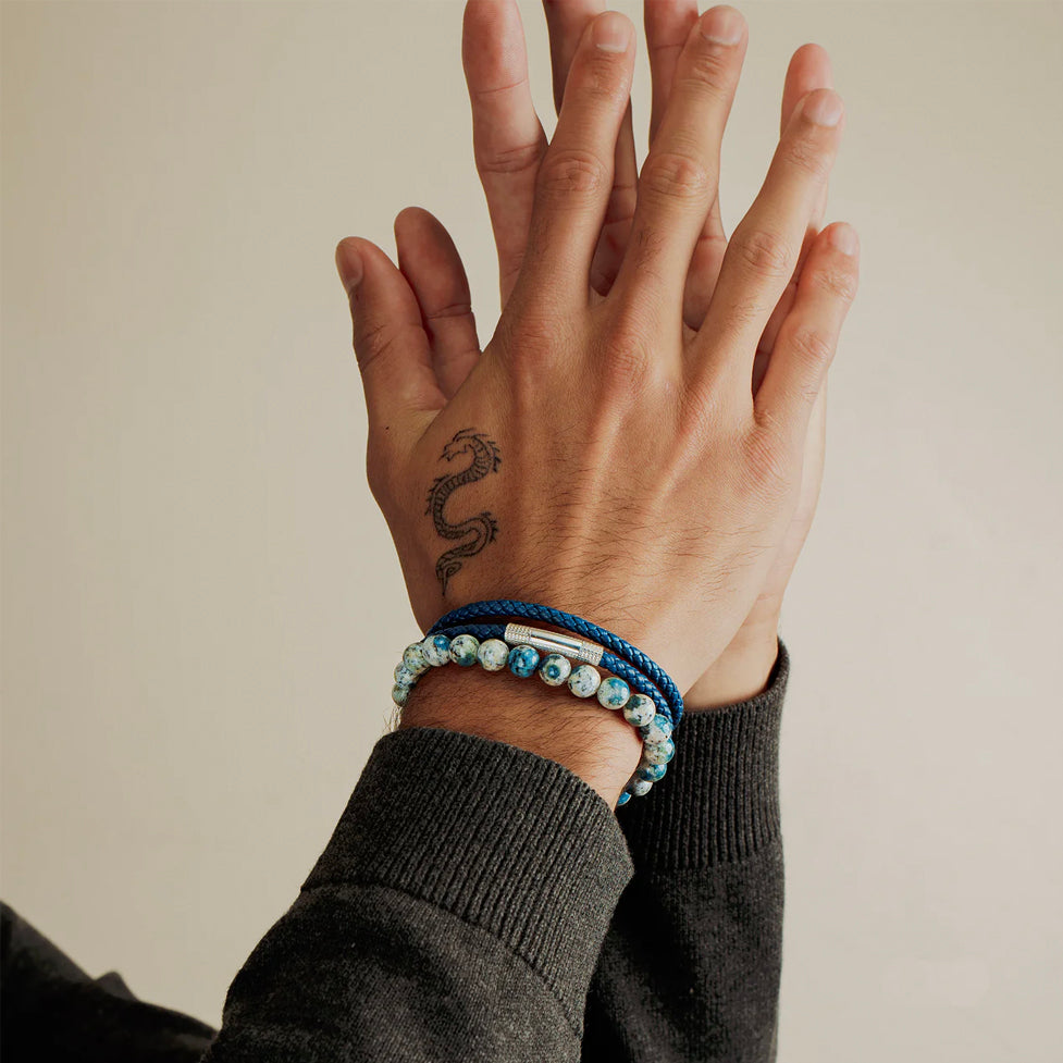  Cufflinks Lhasa Graffiato Beaded Bracelet in Rhodium Silver With Cream and Blue Azurite - Default Title - Bonton