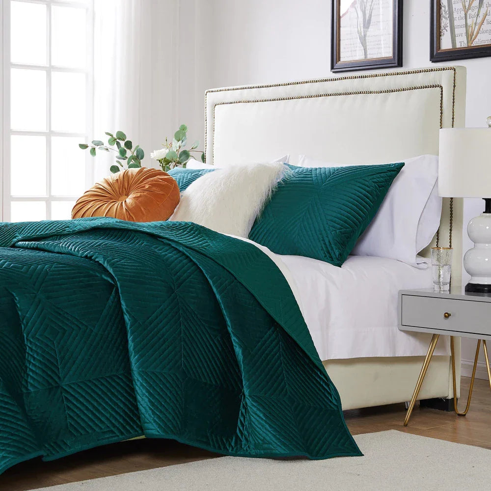  Greenland Home Fashions Riviera Velvet Quilt Set - Teal - Teal - Bonton