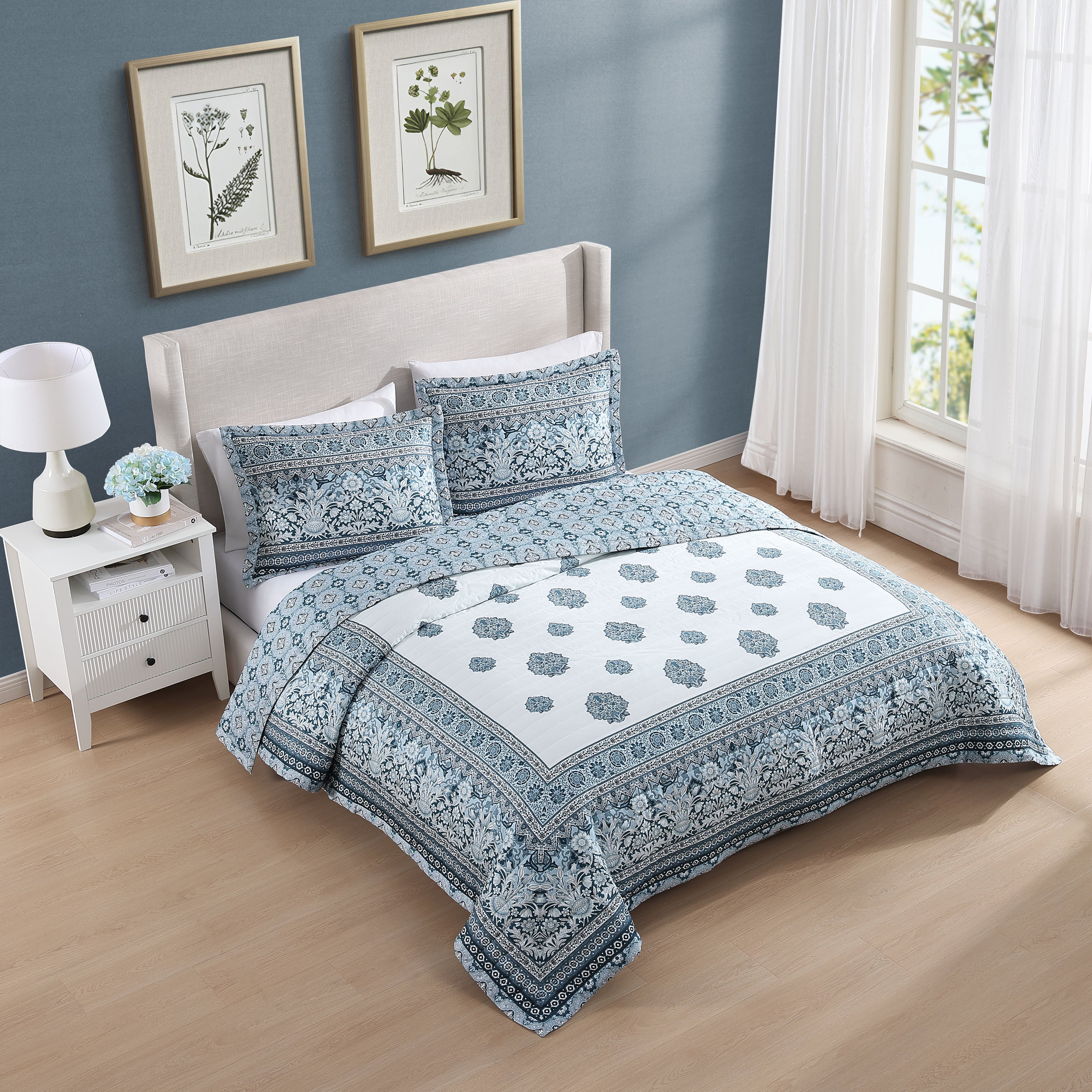  Bebejan Bebejan Aquamarine Medallion 3 Piece Reversible Quilted Coverlet Set - KING - Bonton