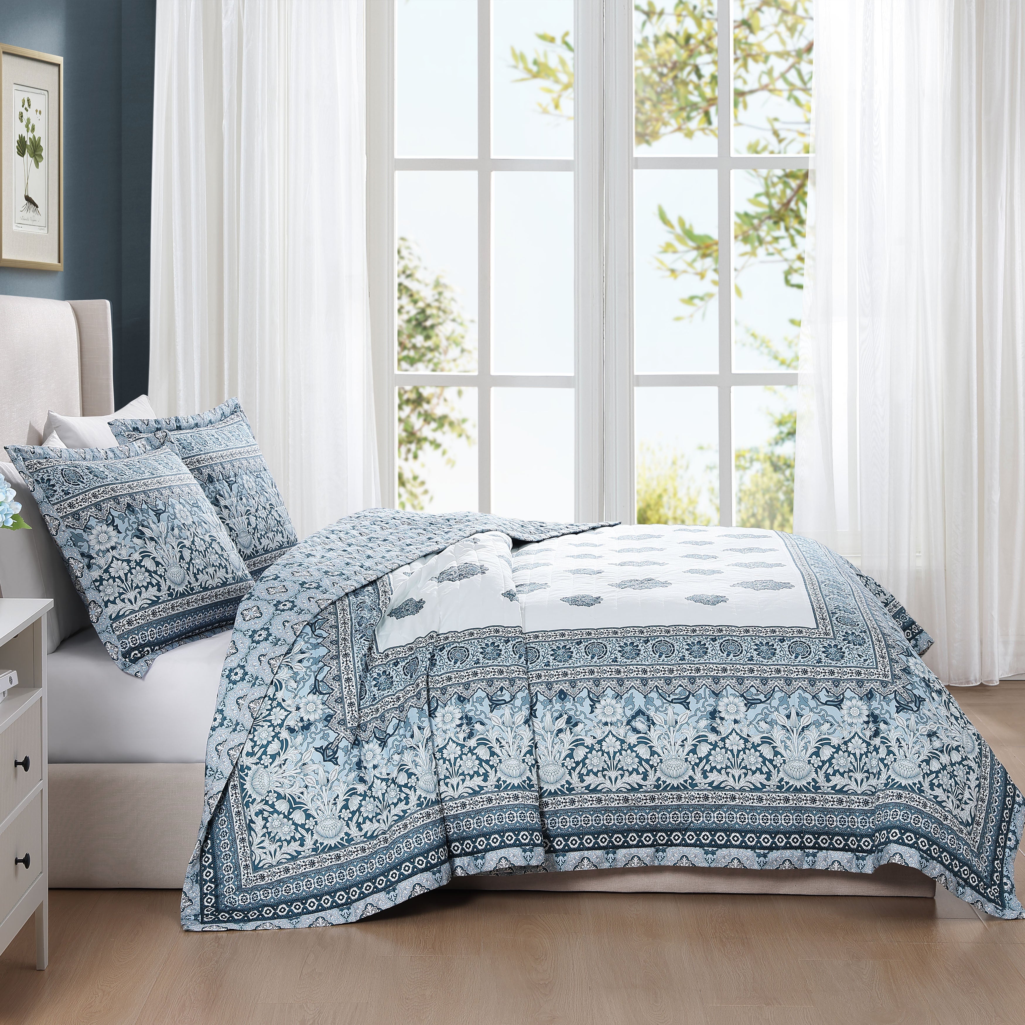  Bebejan Bebejan Aquamarine Medallion 3 Piece Reversible Quilted Coverlet Set - KING - Bonton