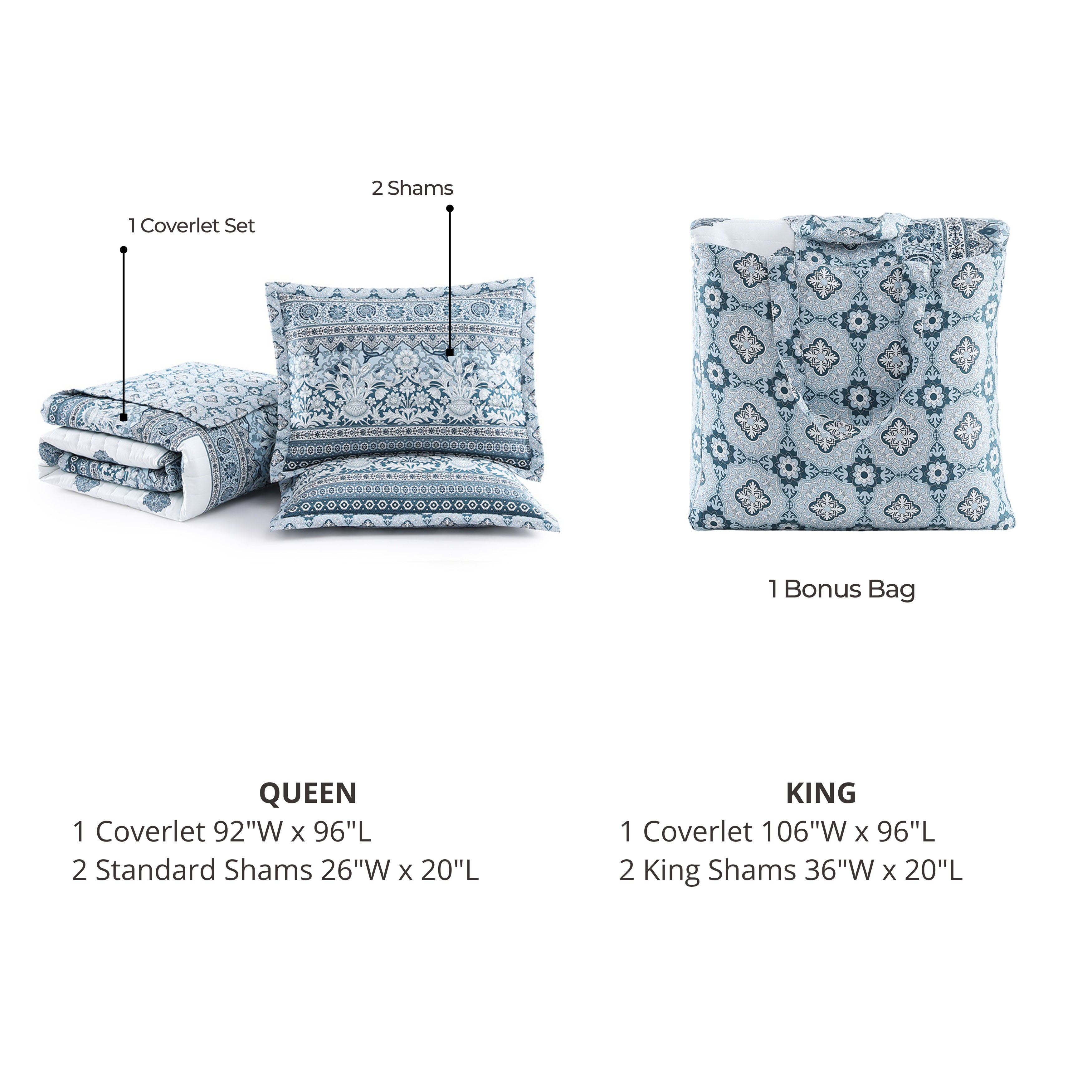  Bebejan Bebejan Aquamarine Medallion 3 Piece Reversible Quilted Coverlet Set - KING - Bonton